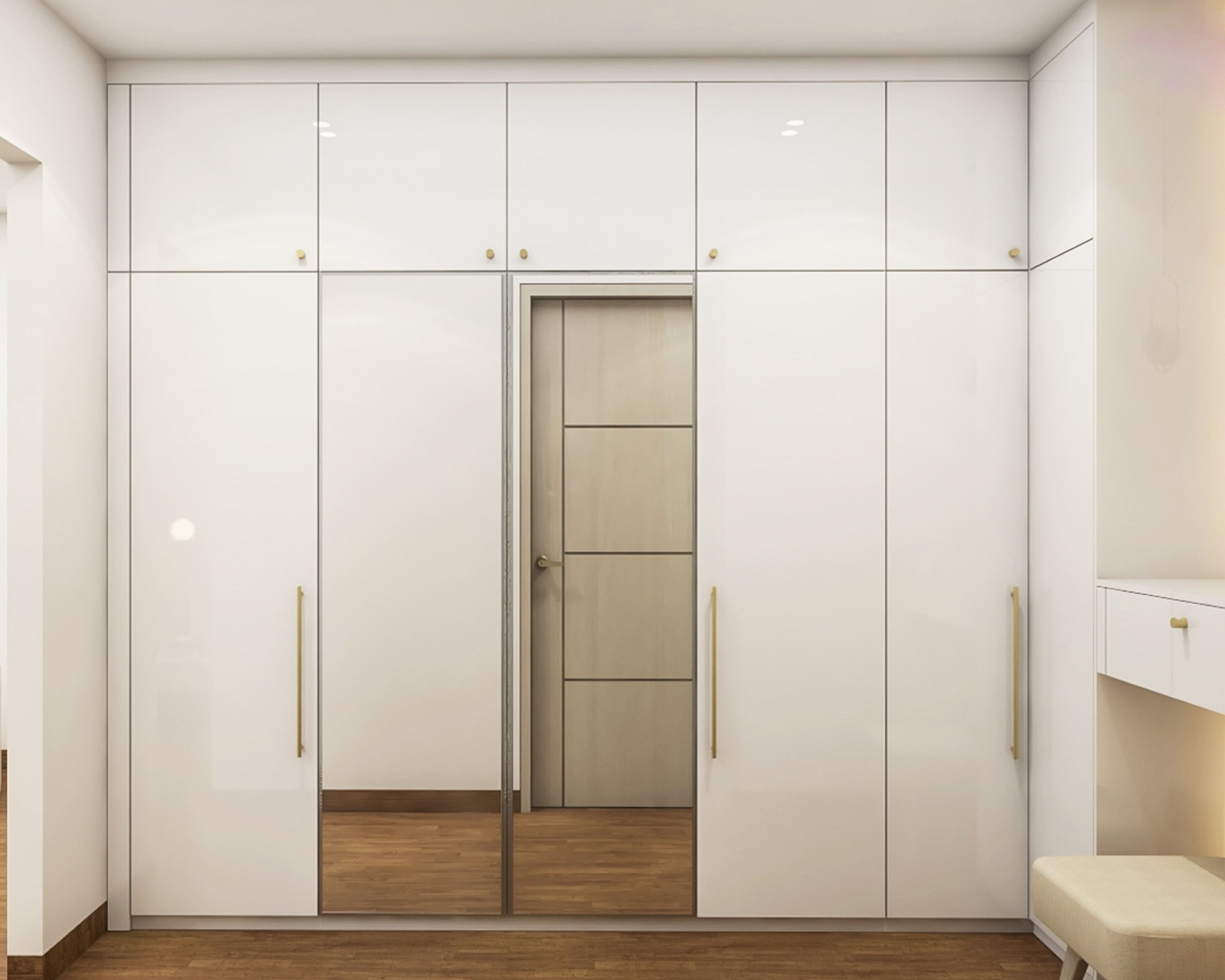Modern Frosty White 6-Door Wardrobe Design With Mirror