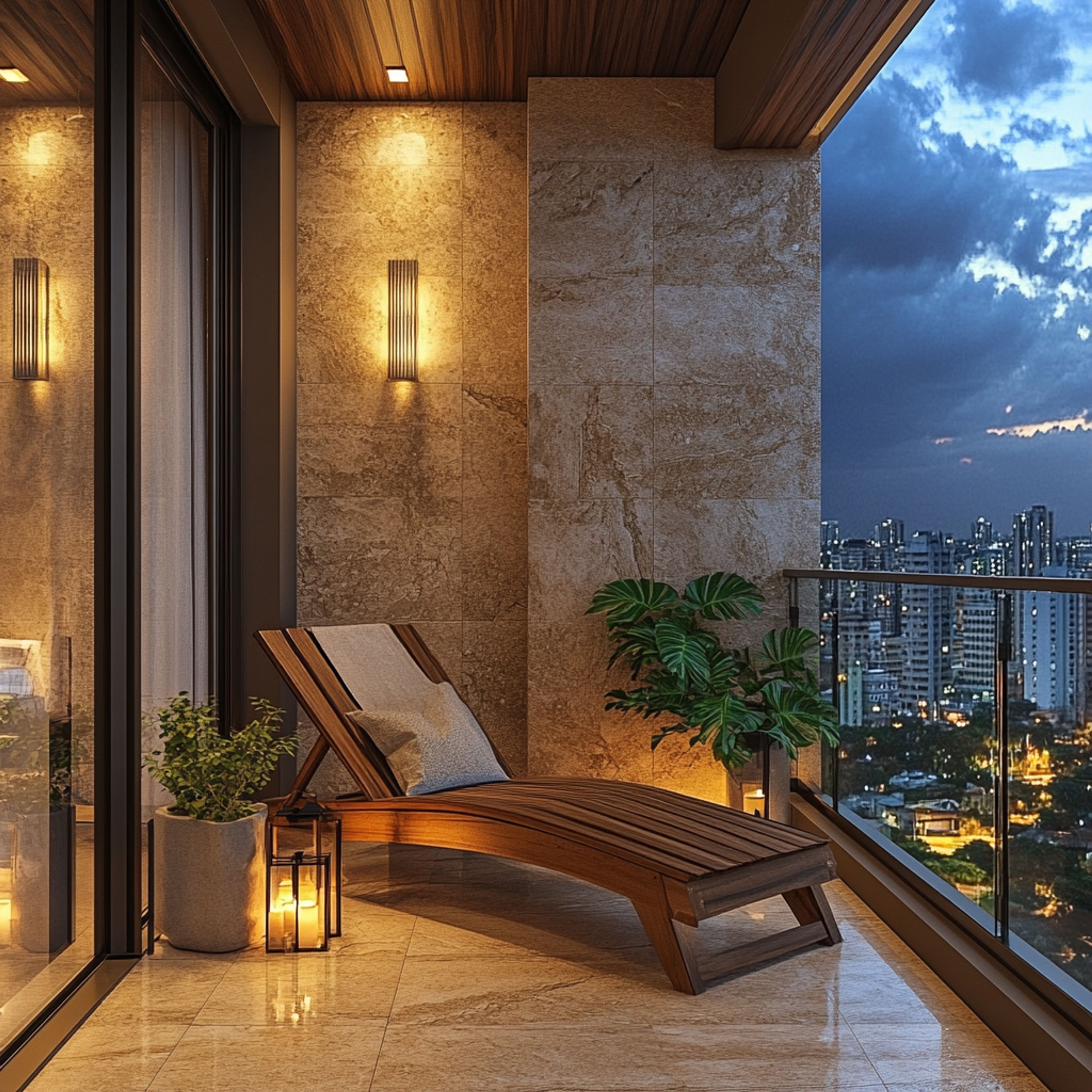 Balcony Design with Stone Wall and Lounge Chair