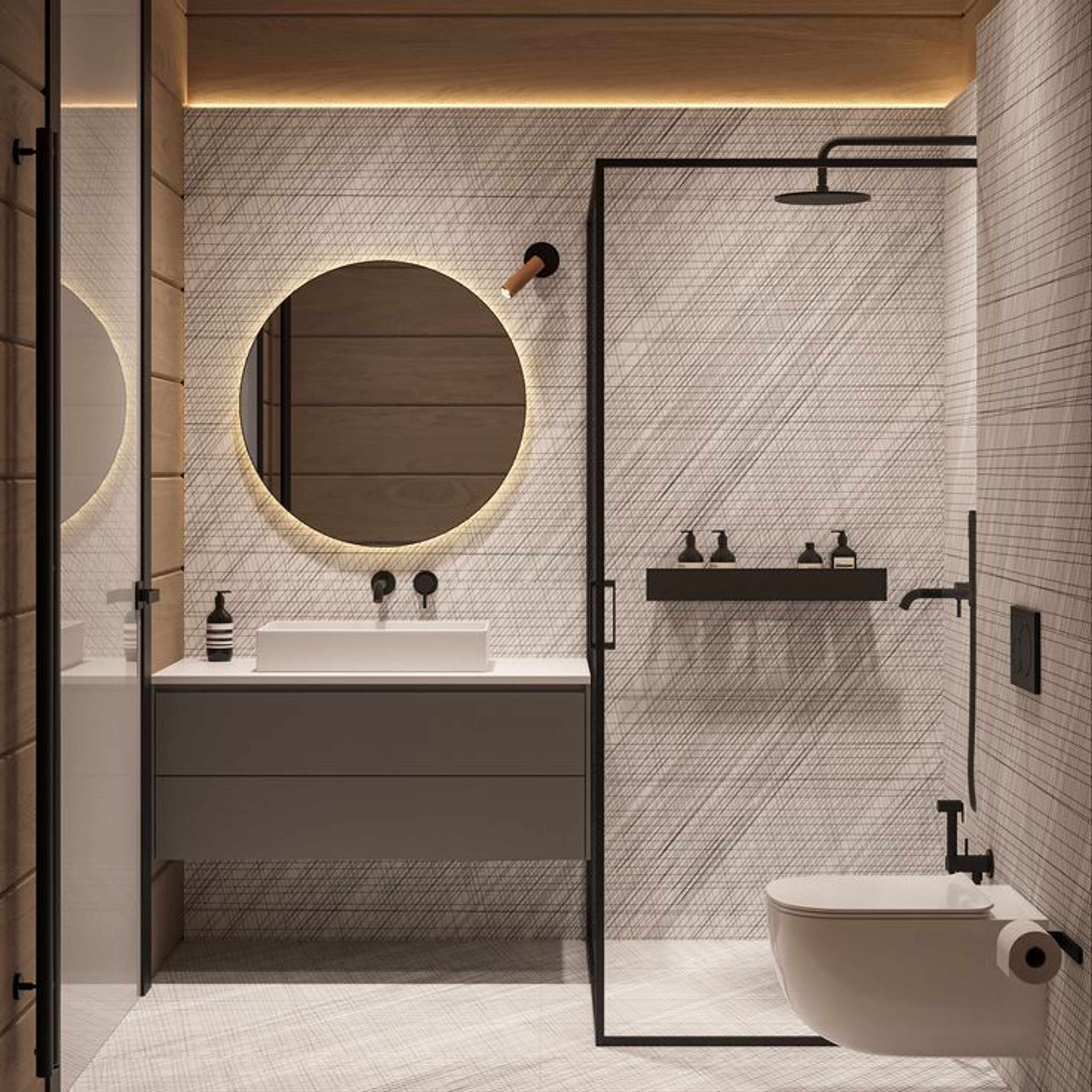 Modern Bathroom Design with Cream and Black Tiles and Quartz Countertop