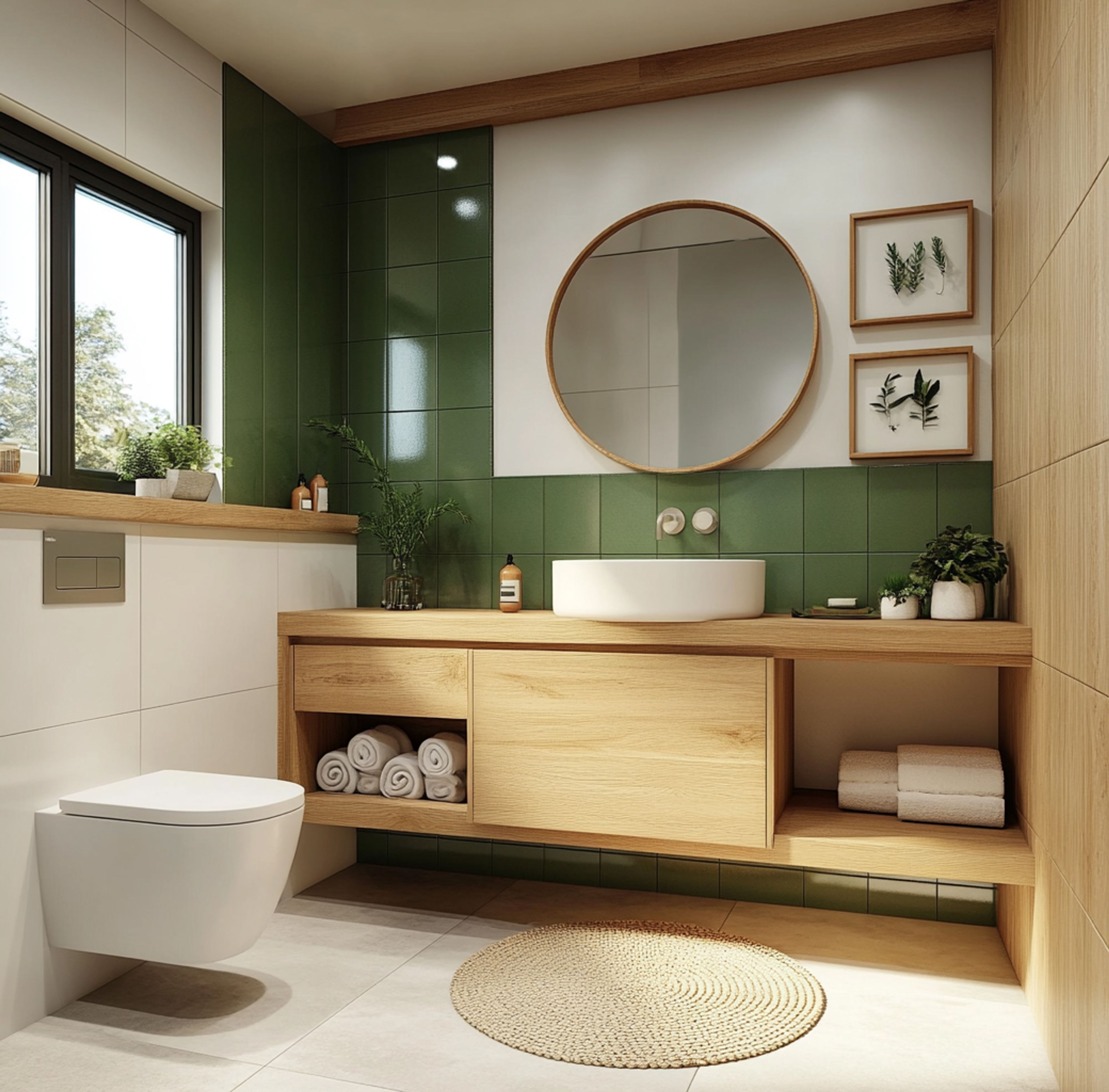 Scandinavian Bathroom Design with White and Green Tiles