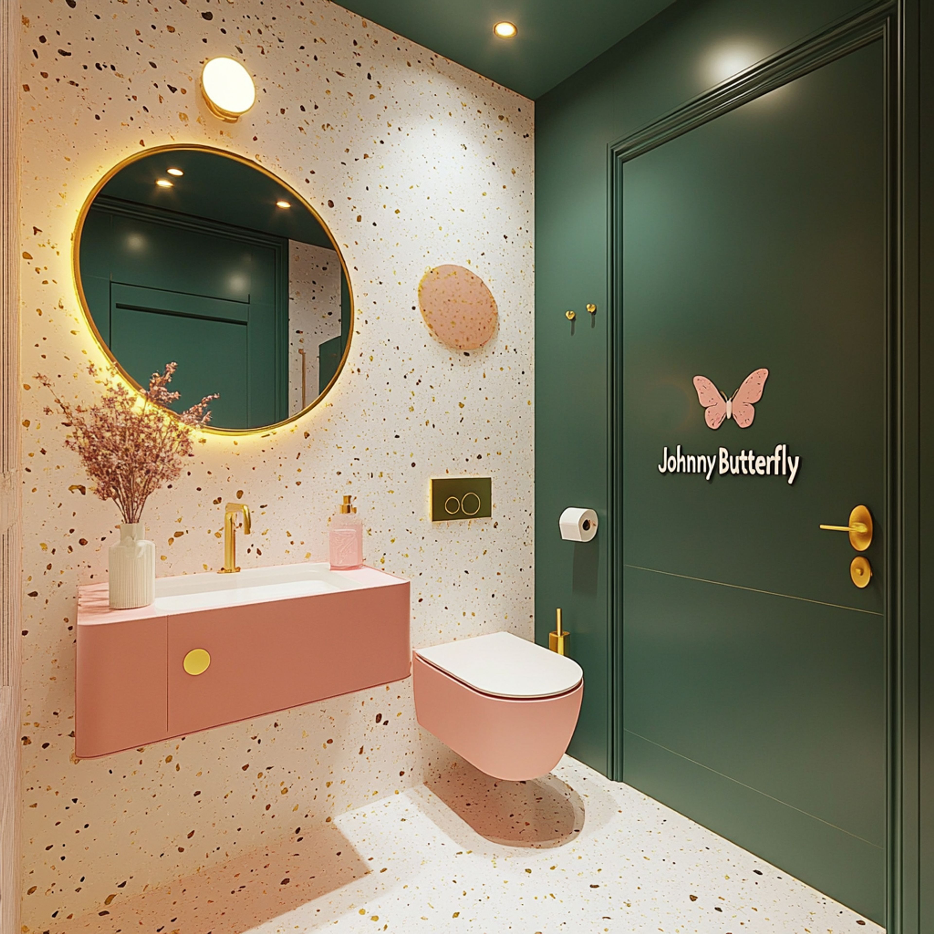 Art Deco Bathroom Design with Multicolour Tiles and Wood Countertop