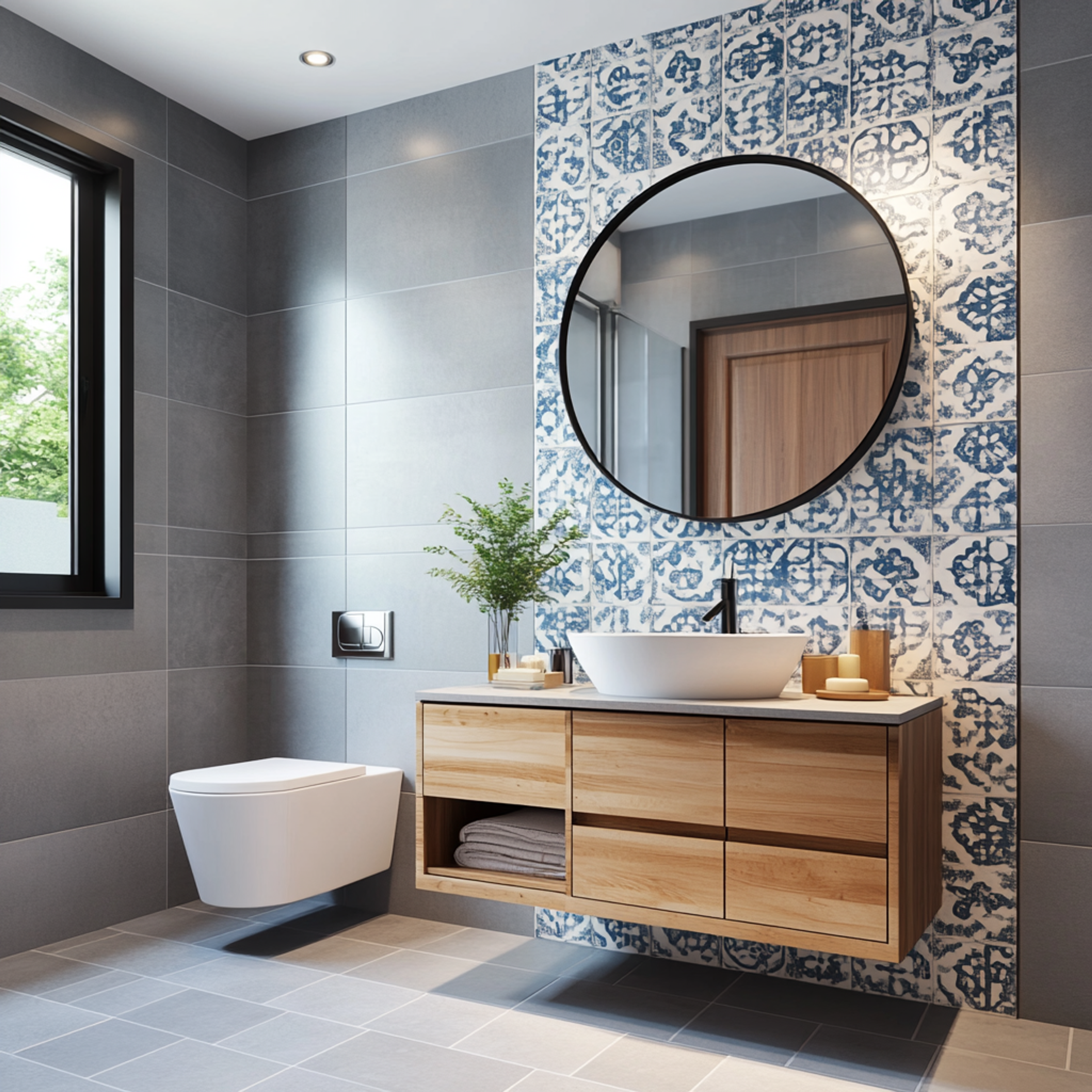 Eclectic Style Bathroom Design with Grey and Blue Tiles
