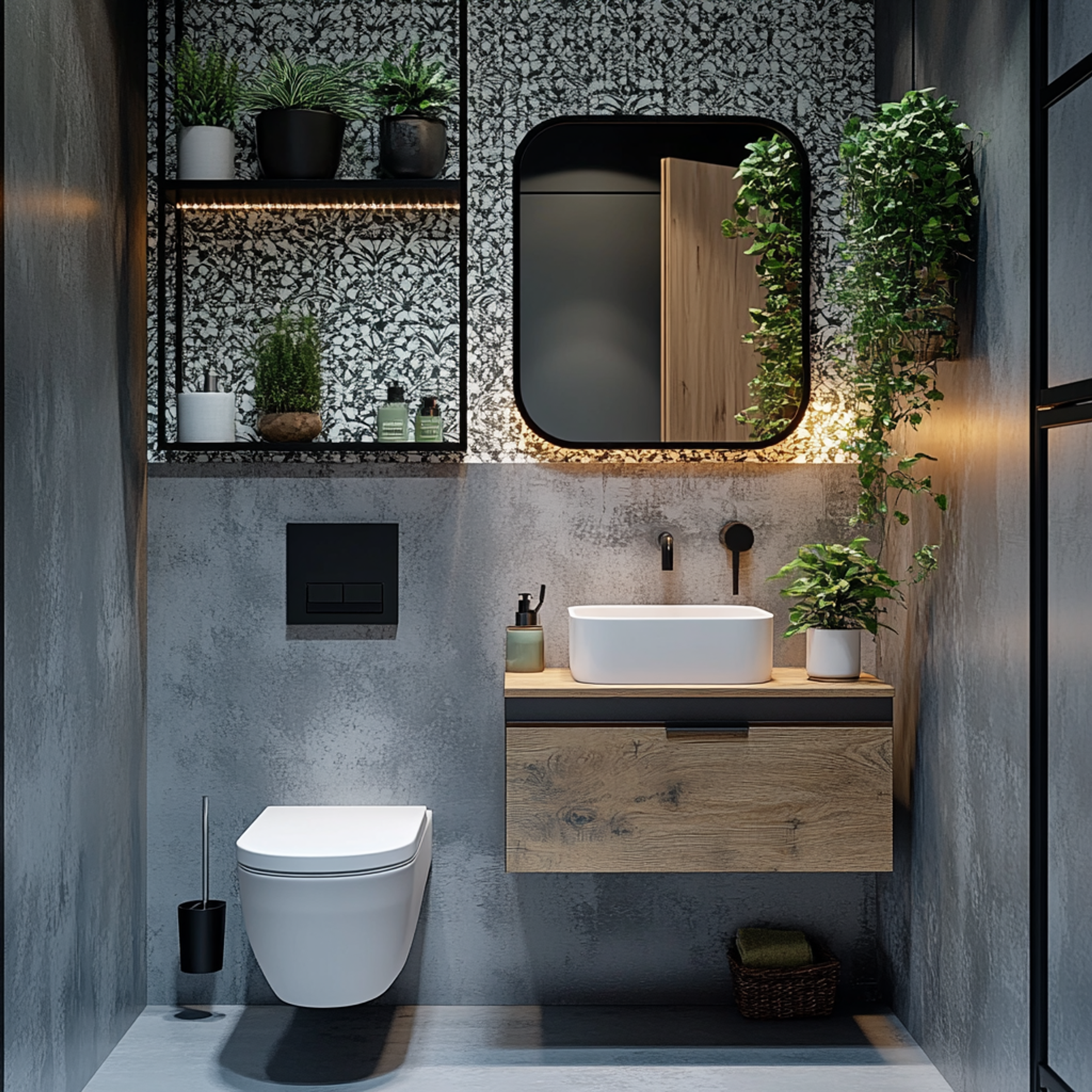 Industrial Style Bathroom Design with Grey Tiles and Wooden Countertop