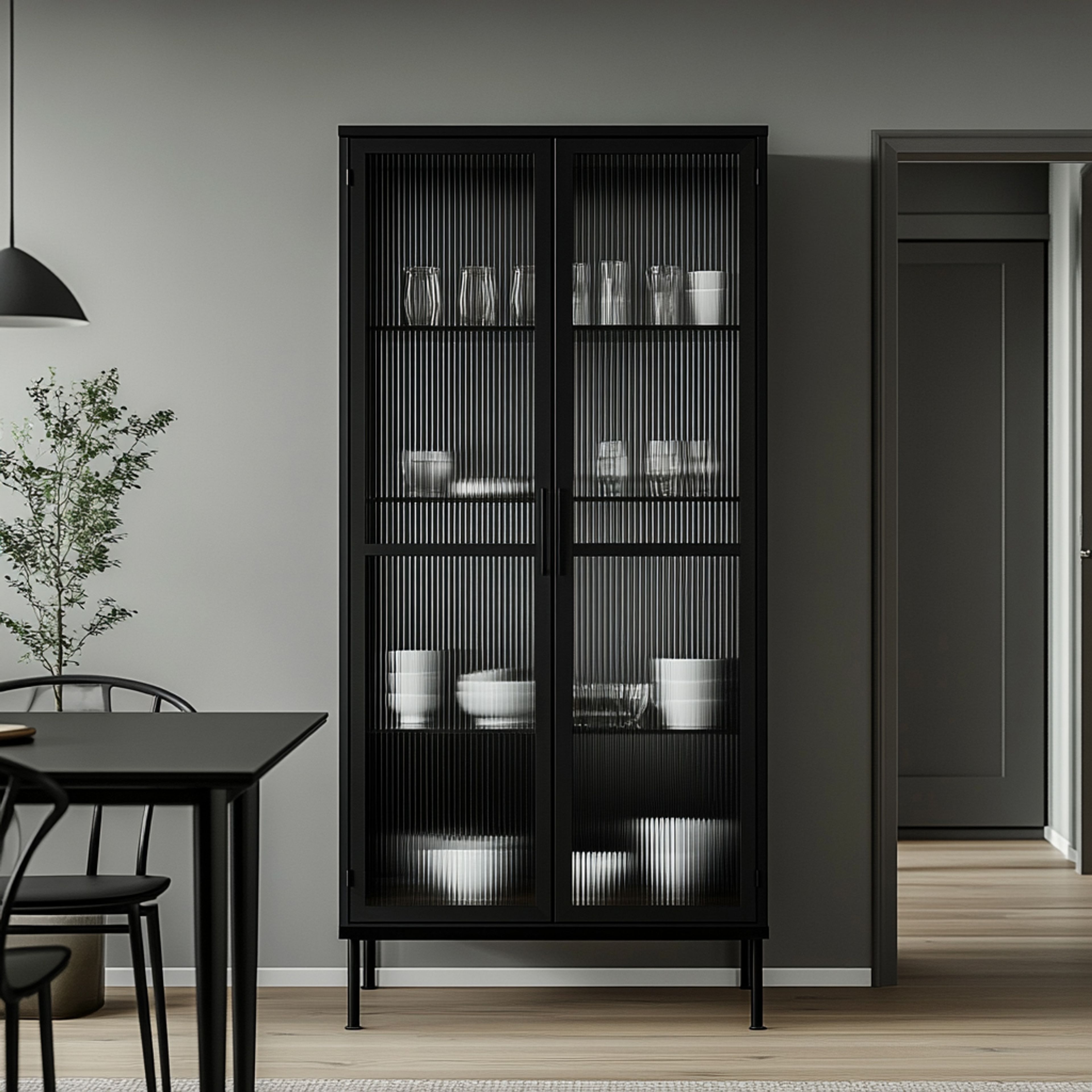 Modern Black Crockery Unit Design with Fluted Glass Shutters