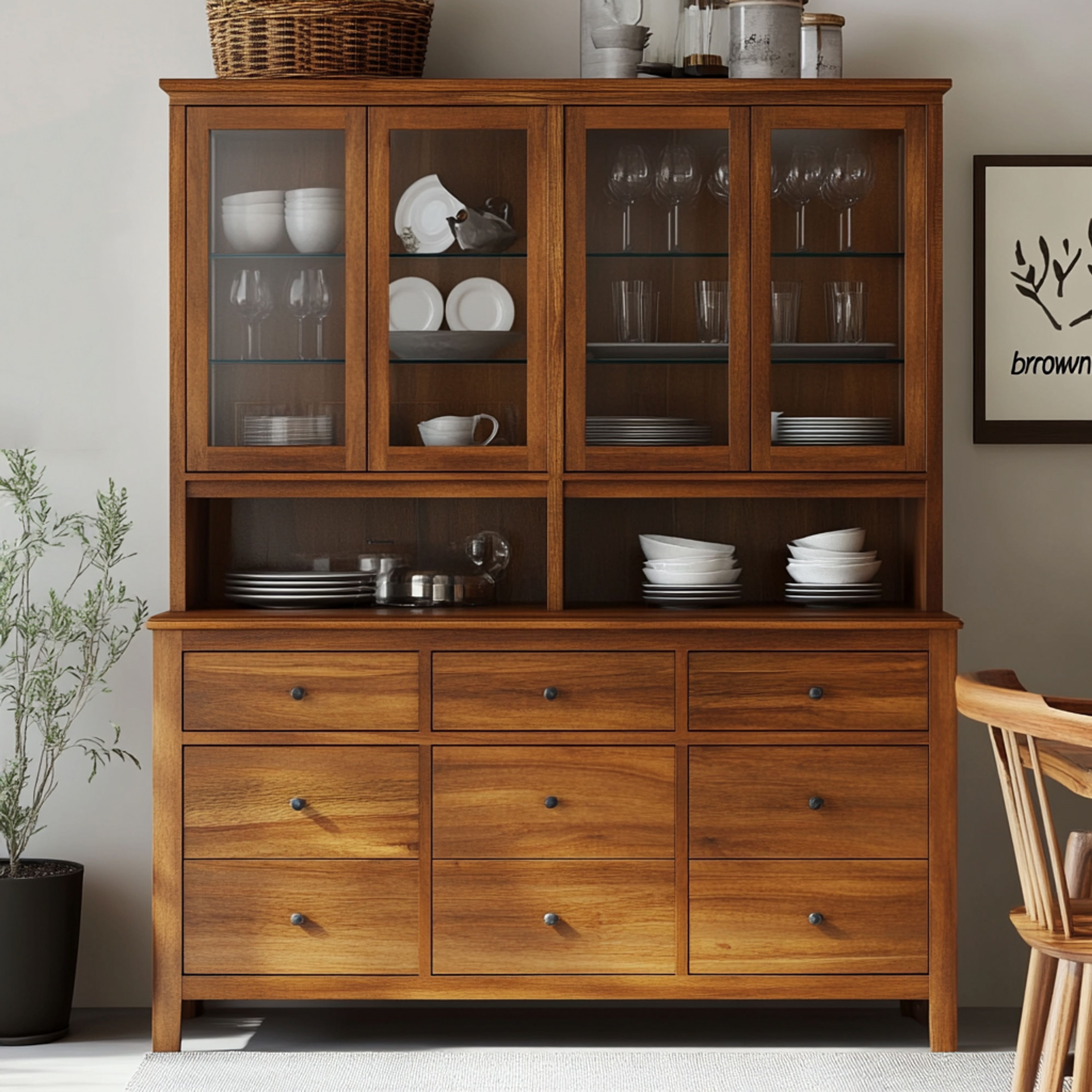 Mid-Century Modern Walnut Bronze Crockery Unit Design