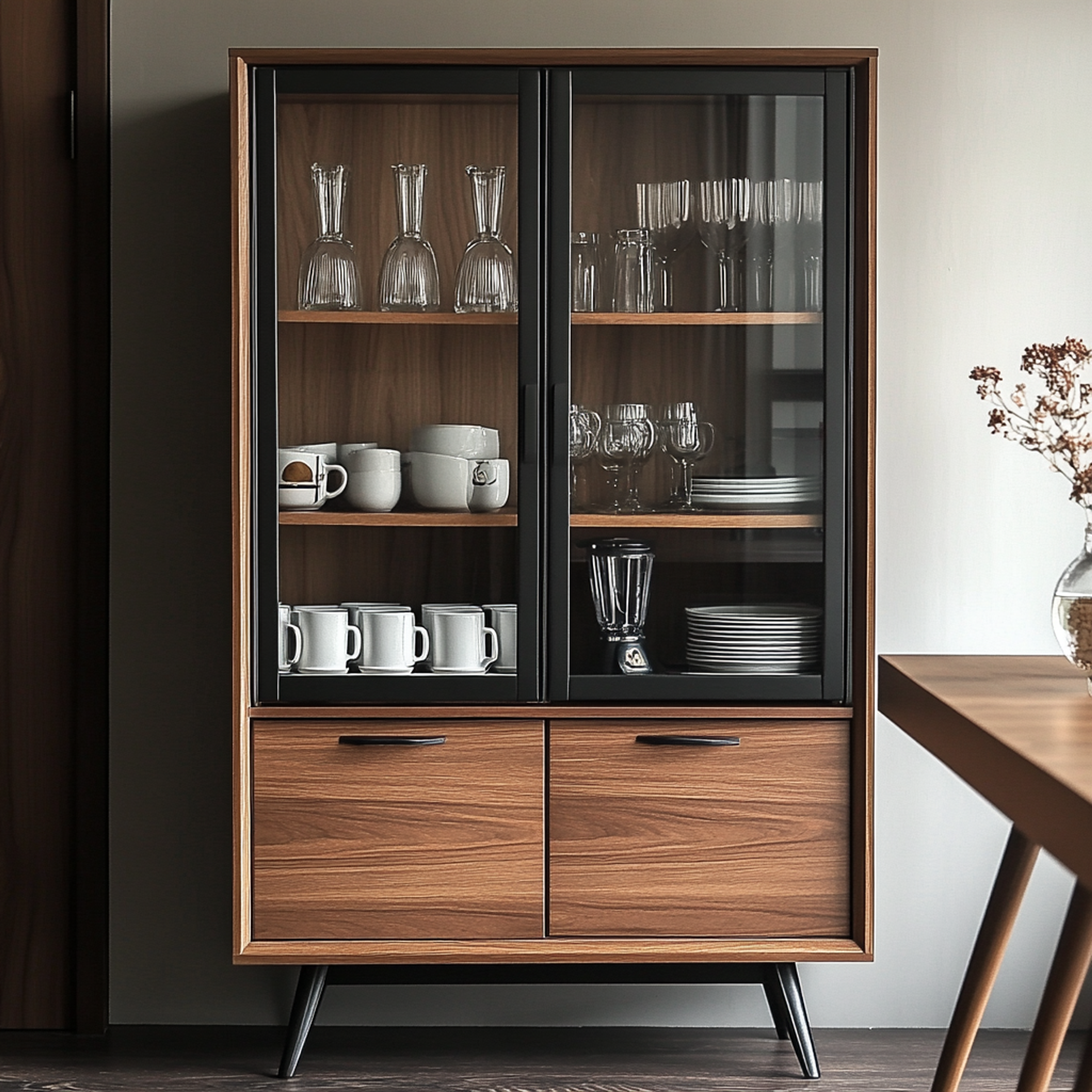 Modern Crockery Unit Design with Glass Doors and Shelves