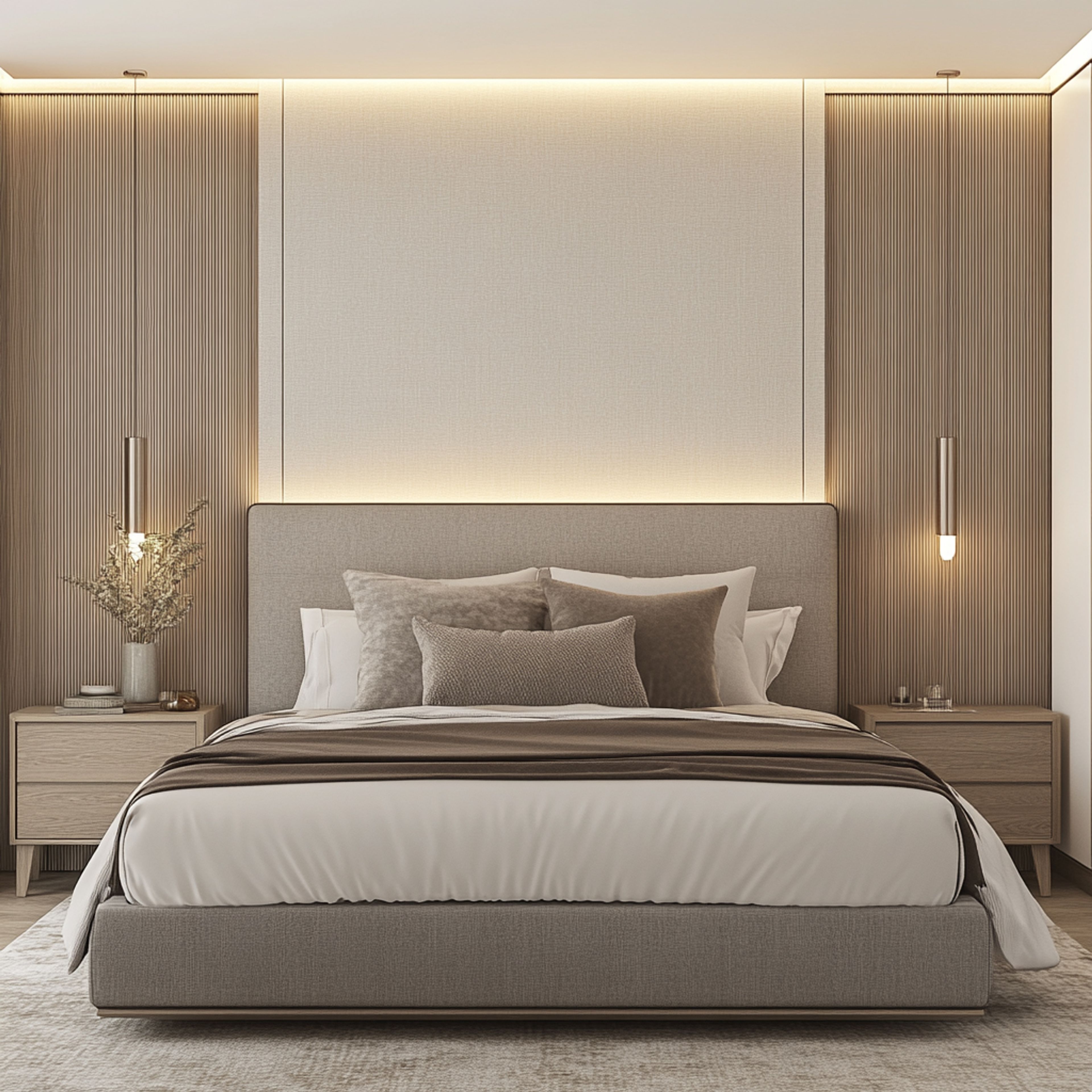 Minimal Guest Bedroom Design with Wood Paneling and Beige Queen Bed