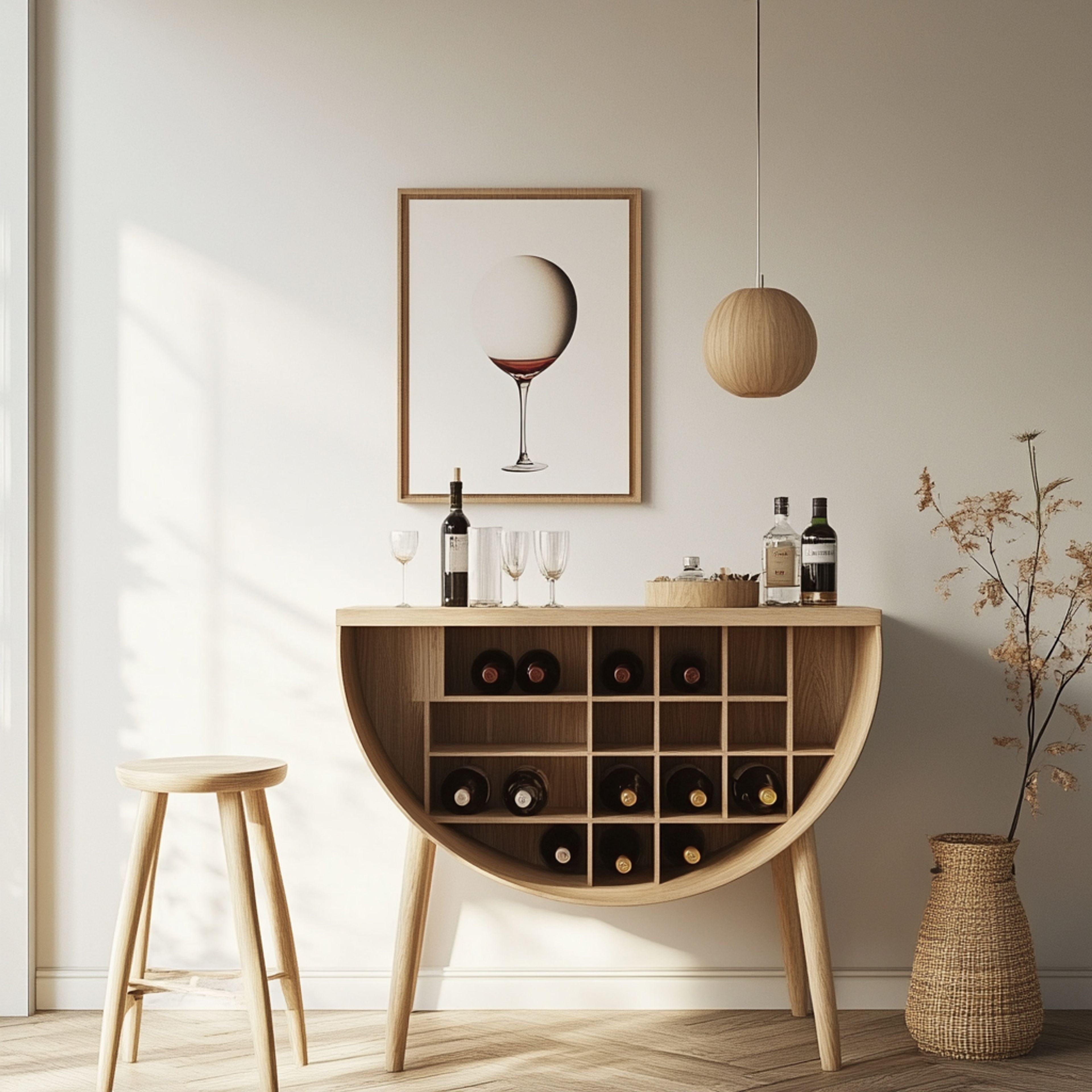 Scandinavian Arched Home Bar Unit Design with Wine Bottle Storage