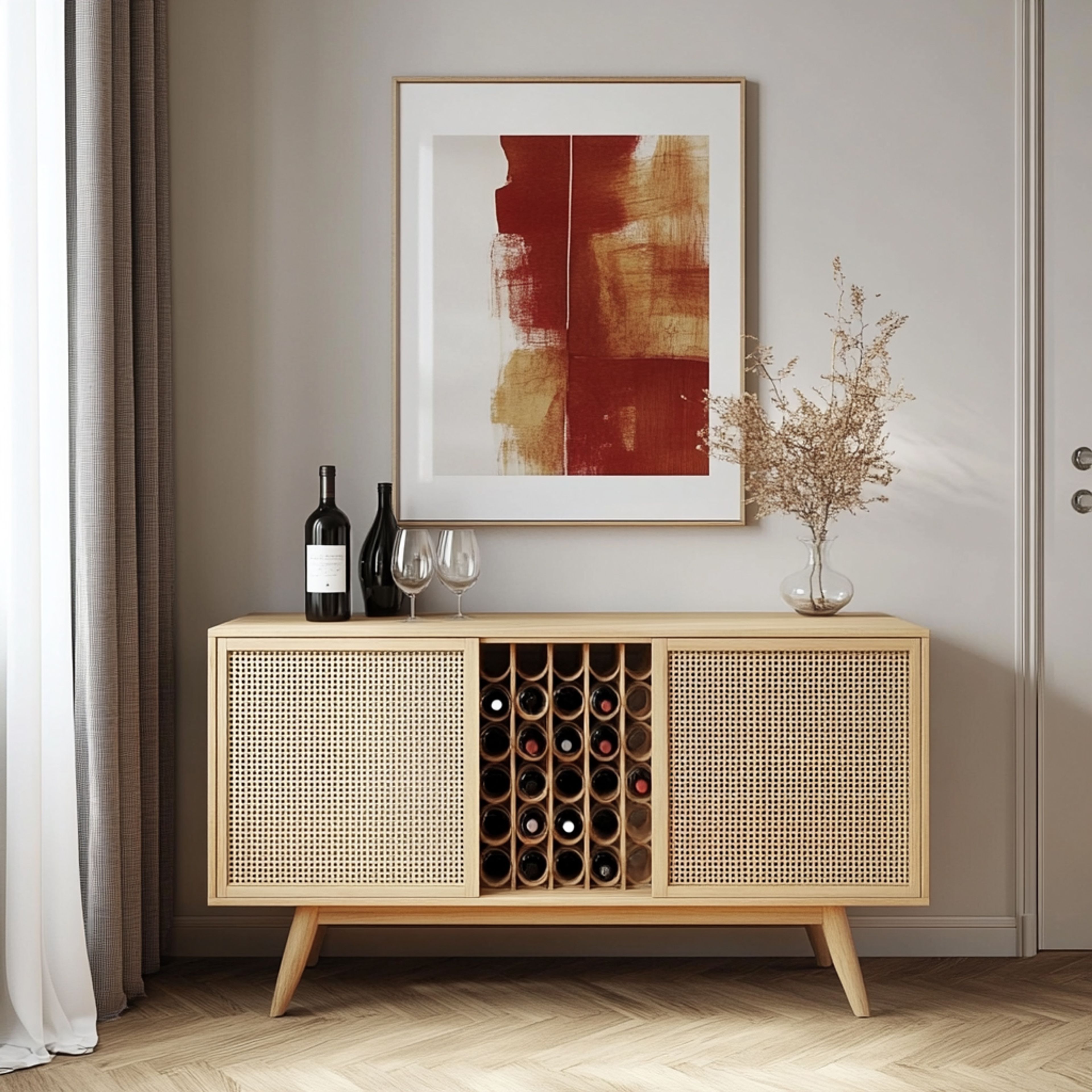 Contemporary Home Bar Design with Console Cabinet and Wine Bottle Racks
