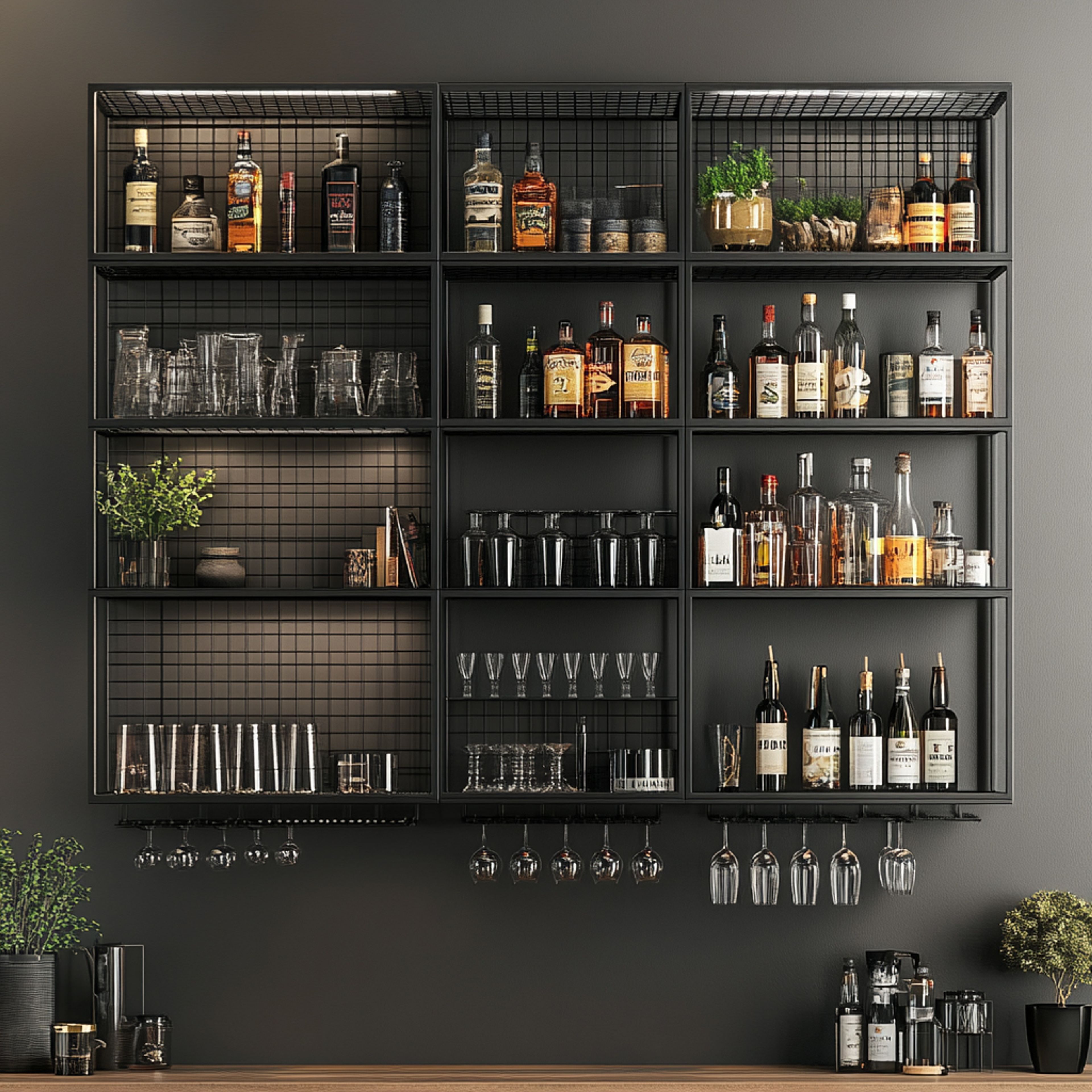 Industrial Home Bar Design with Black Metal Shelving