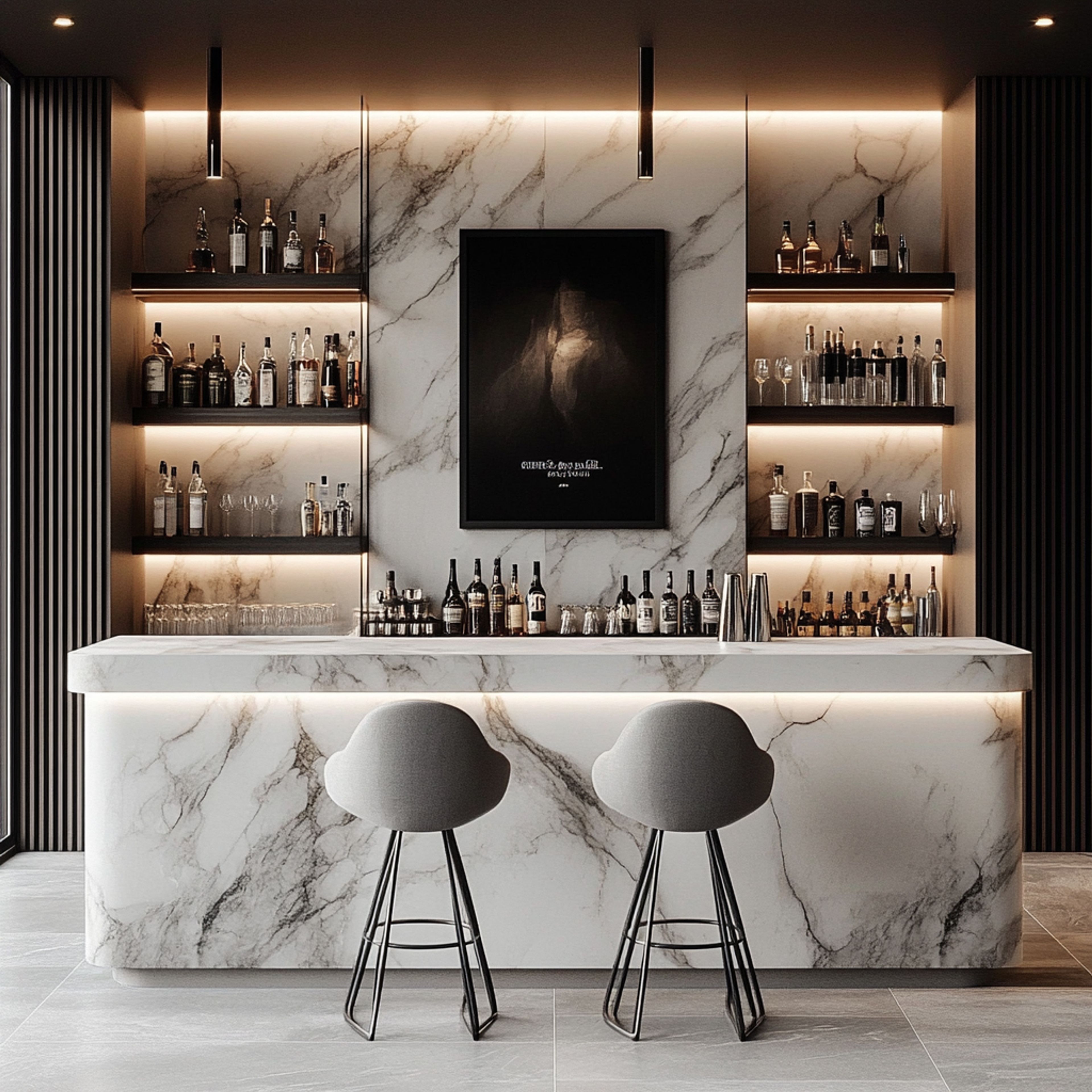 Modern Home Bar Design with Marble and Artwork Accents