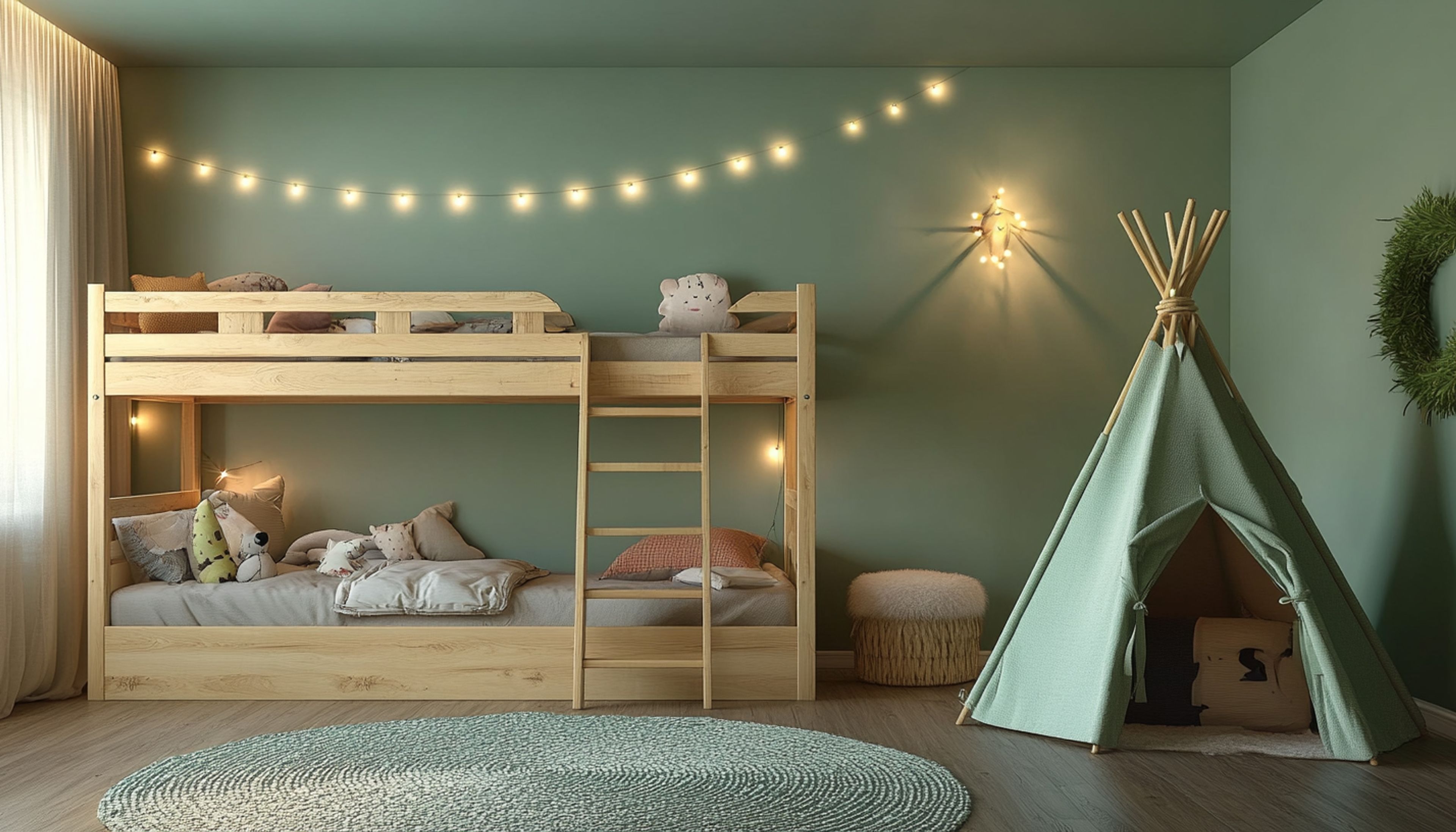 Scandinavian Kids Bedroom Design with Bunk Bed and Ottoman