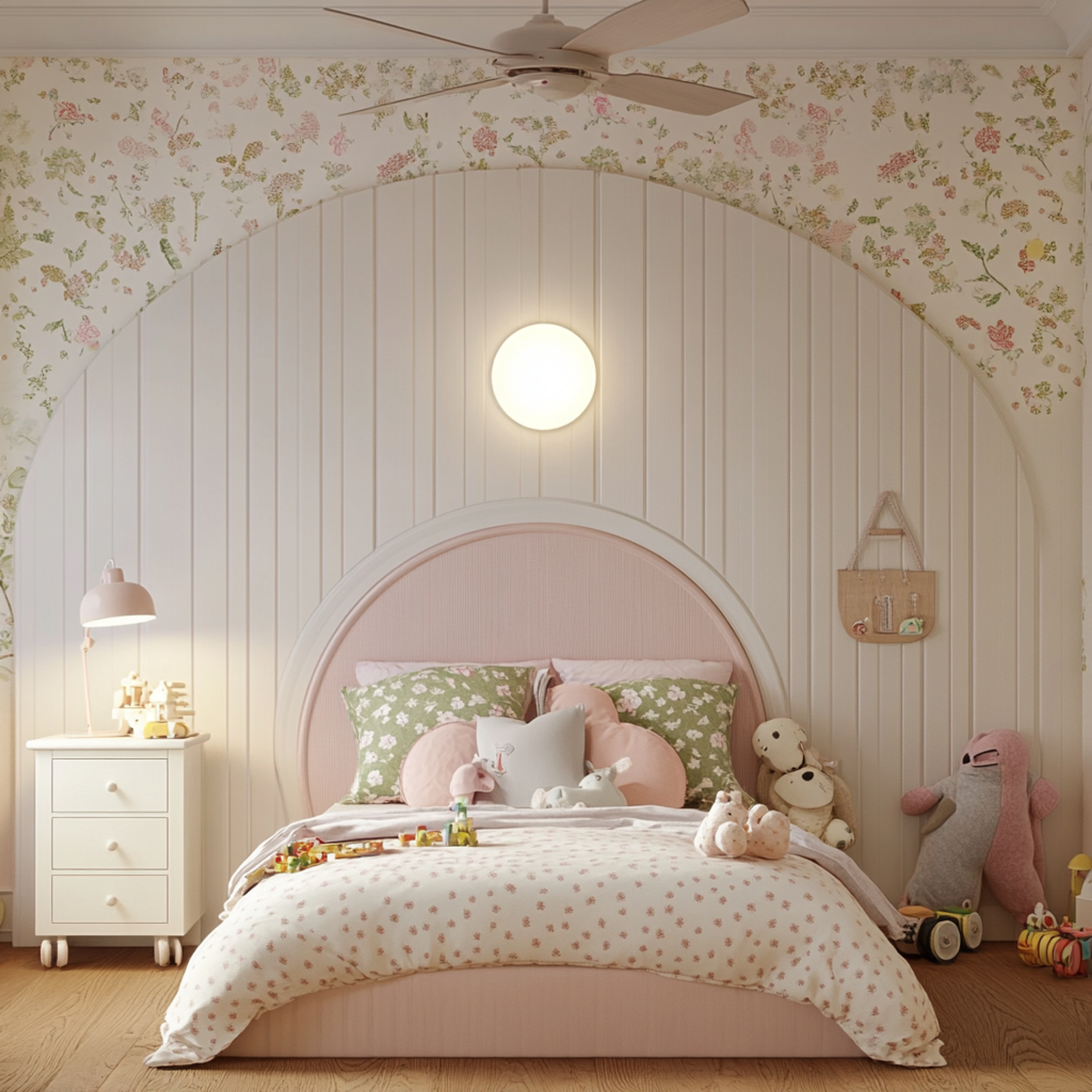 Modern Kids Bedroom Design with Wooden Pink Bed and Floral Wallpaper