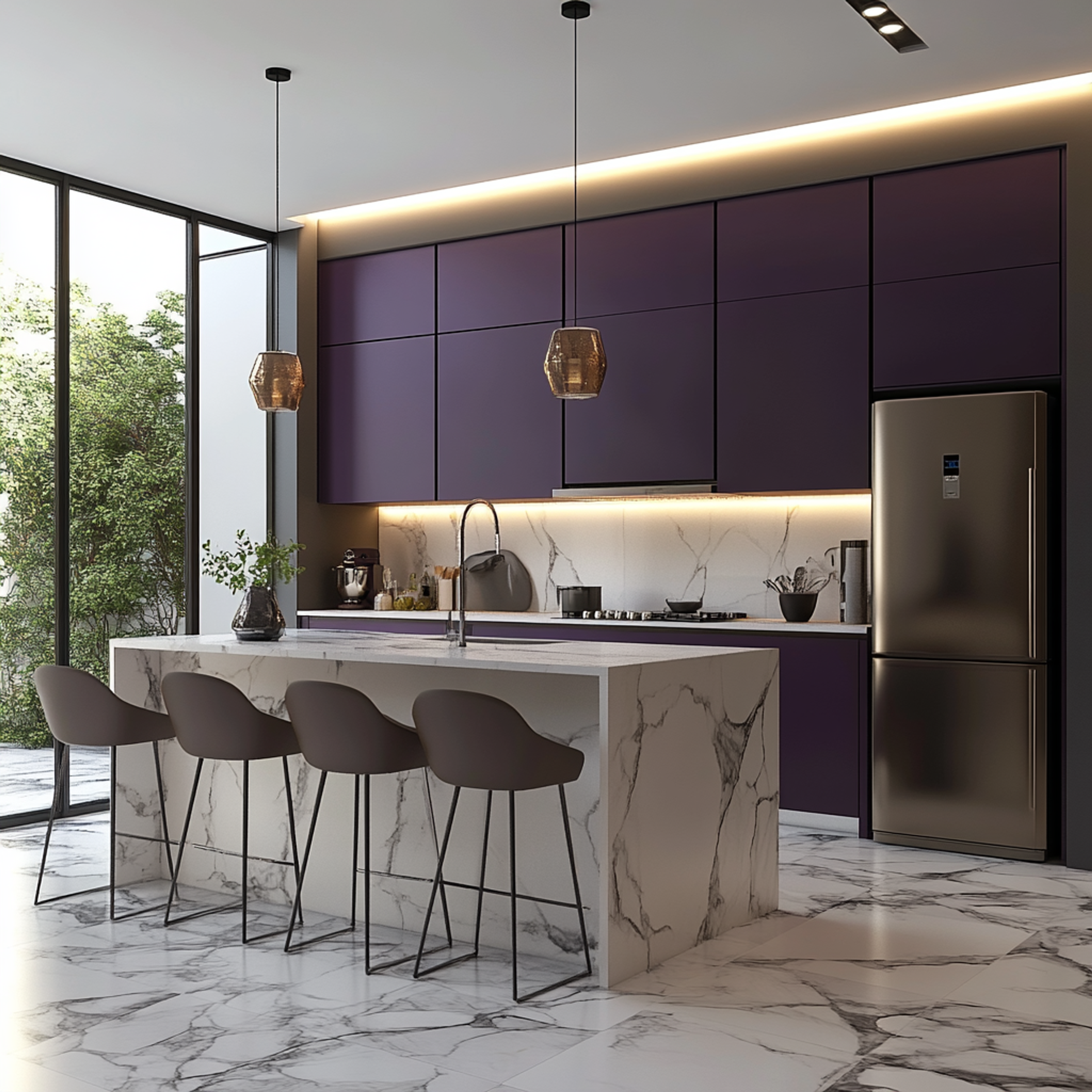 Modern Purple Island Kitchen Design with Marble Countertop