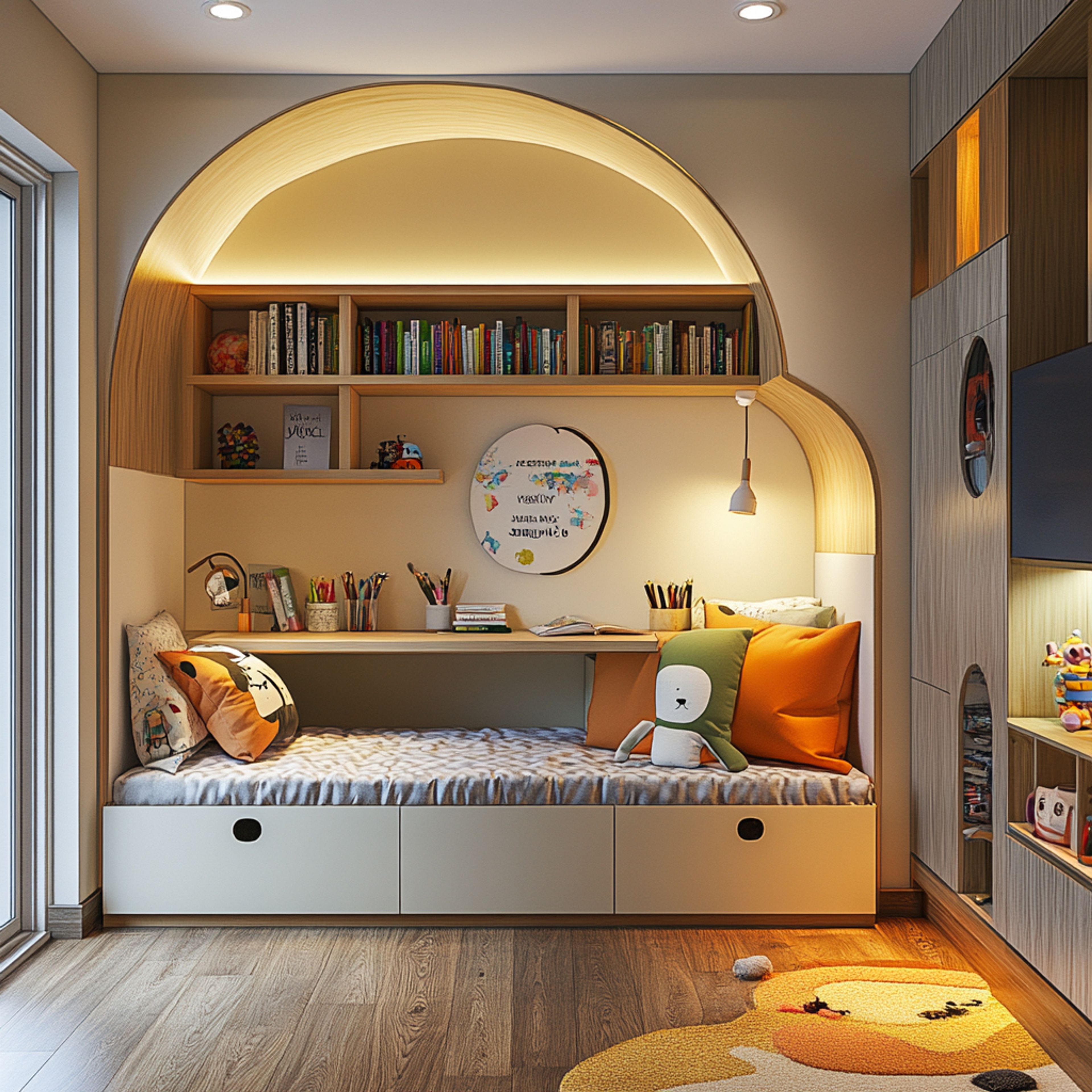 Space-Saving Kids Bedroom Design with Built-in Bed and Storage