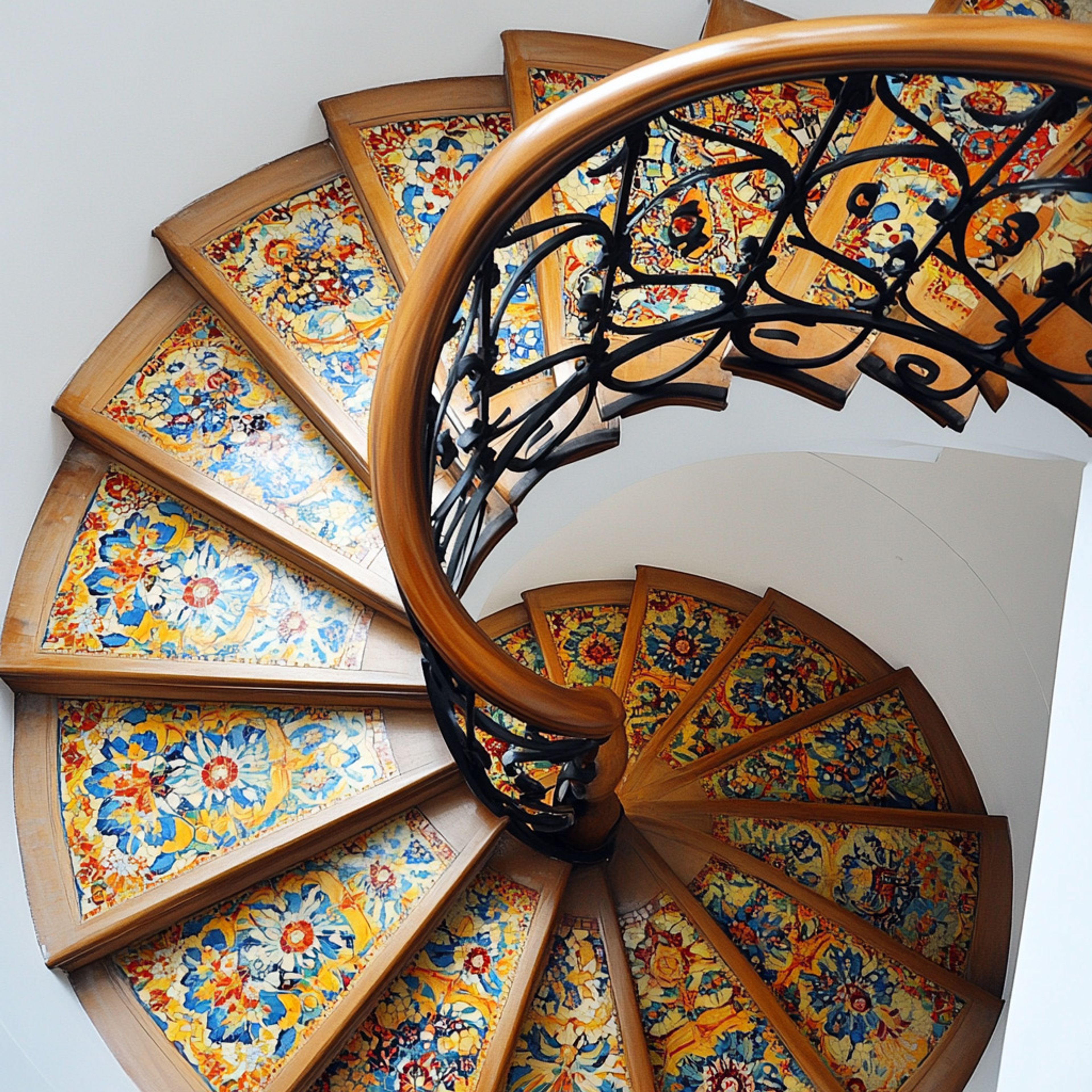 Mediterranean Spiral Staircase Design Made of Ceramic, Tile, Metal, and Wood
