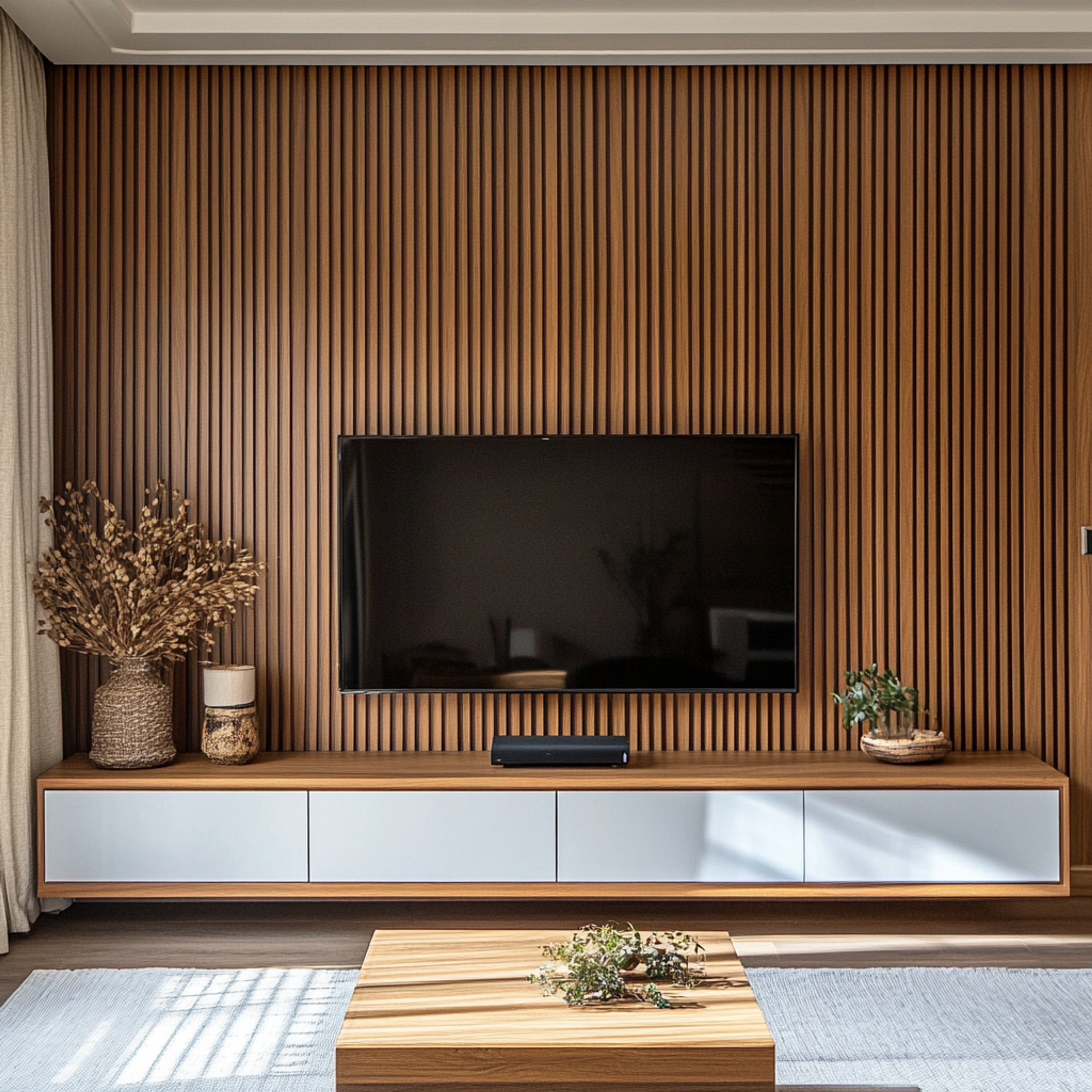 Modern Lavender TV Unit Design with Wall-Mounted Drawers