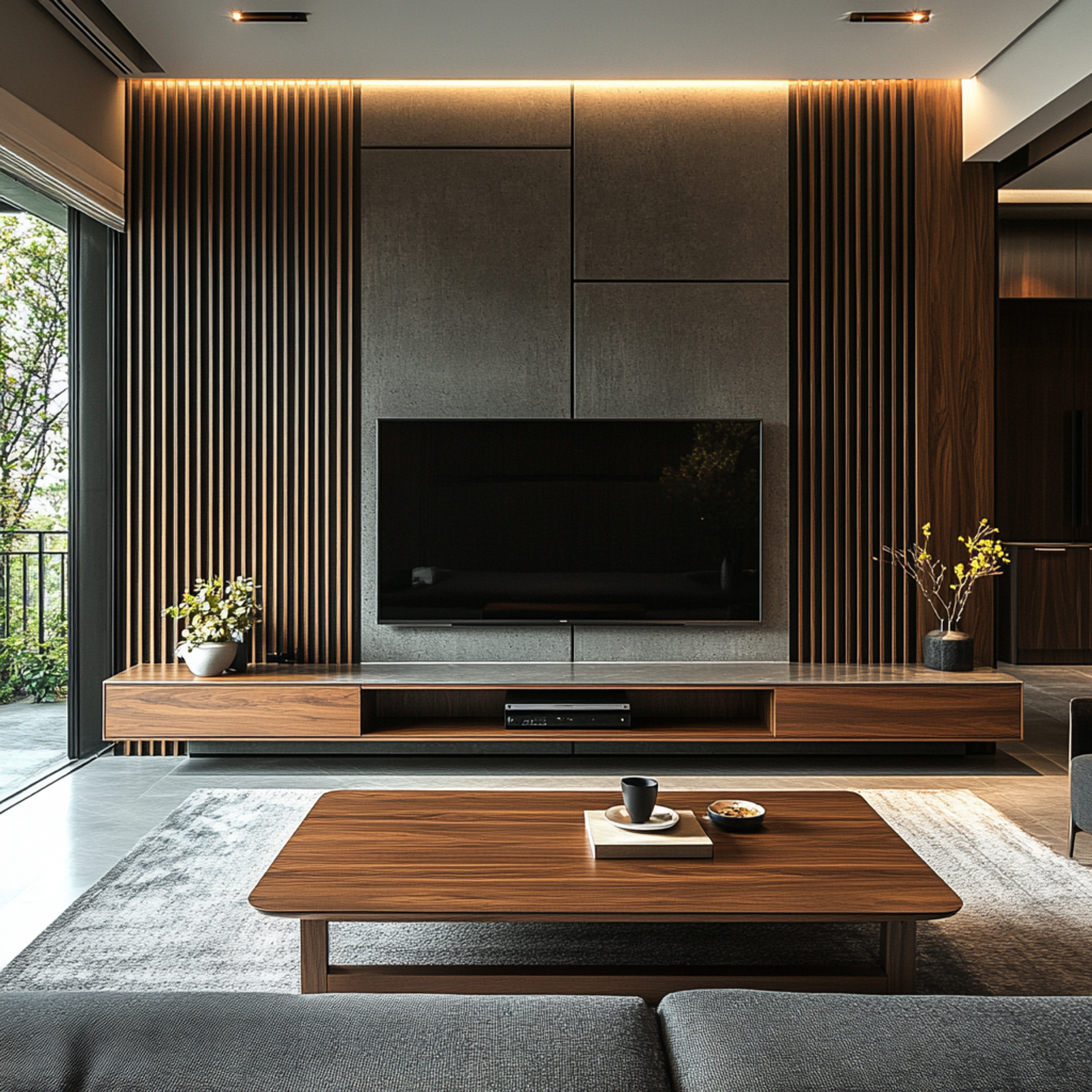 Modern TV Unit Design with Wooden Fluted Panel and Wall Panels