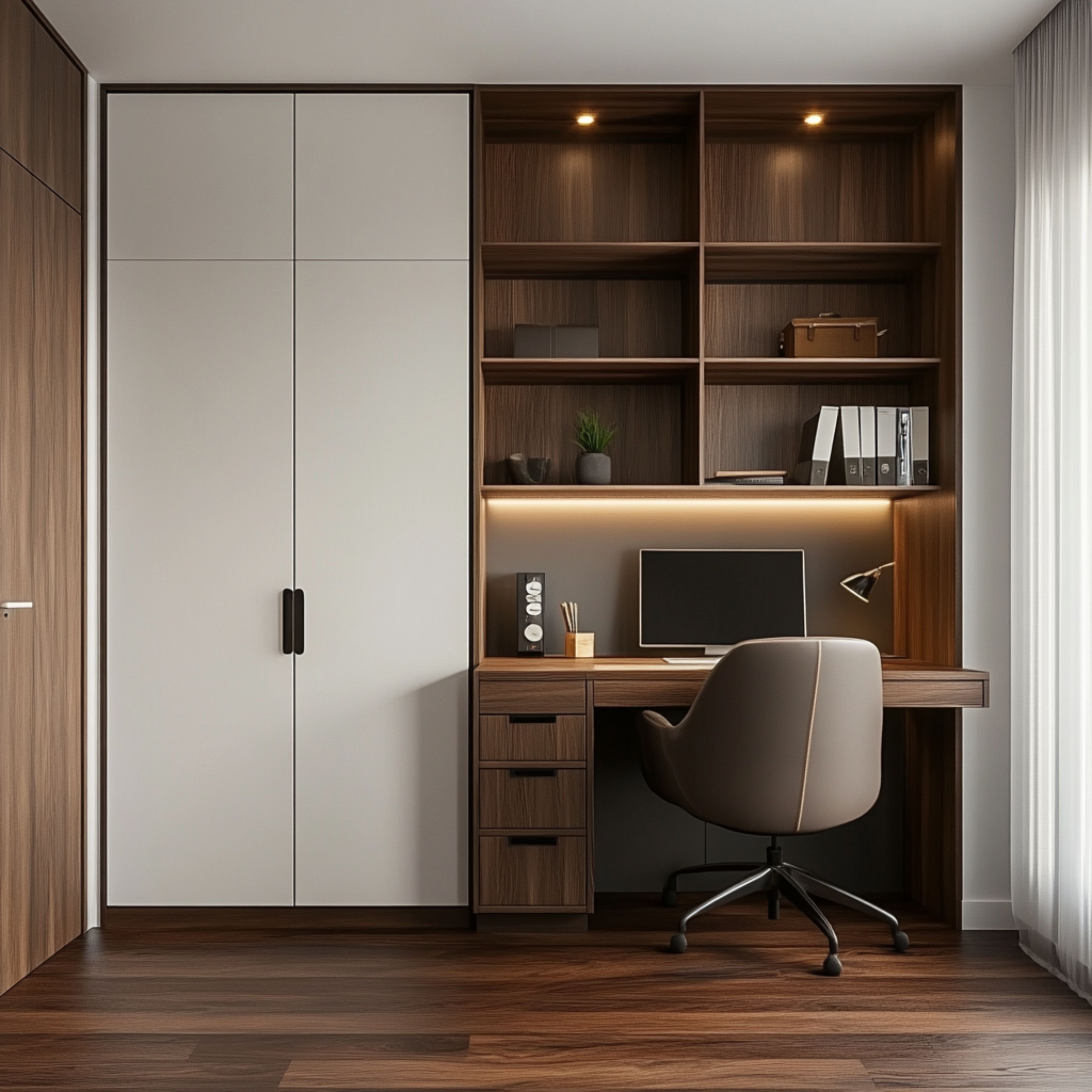 White Modern 2-Door Swing Wardrobe Design with Integrated Study Table