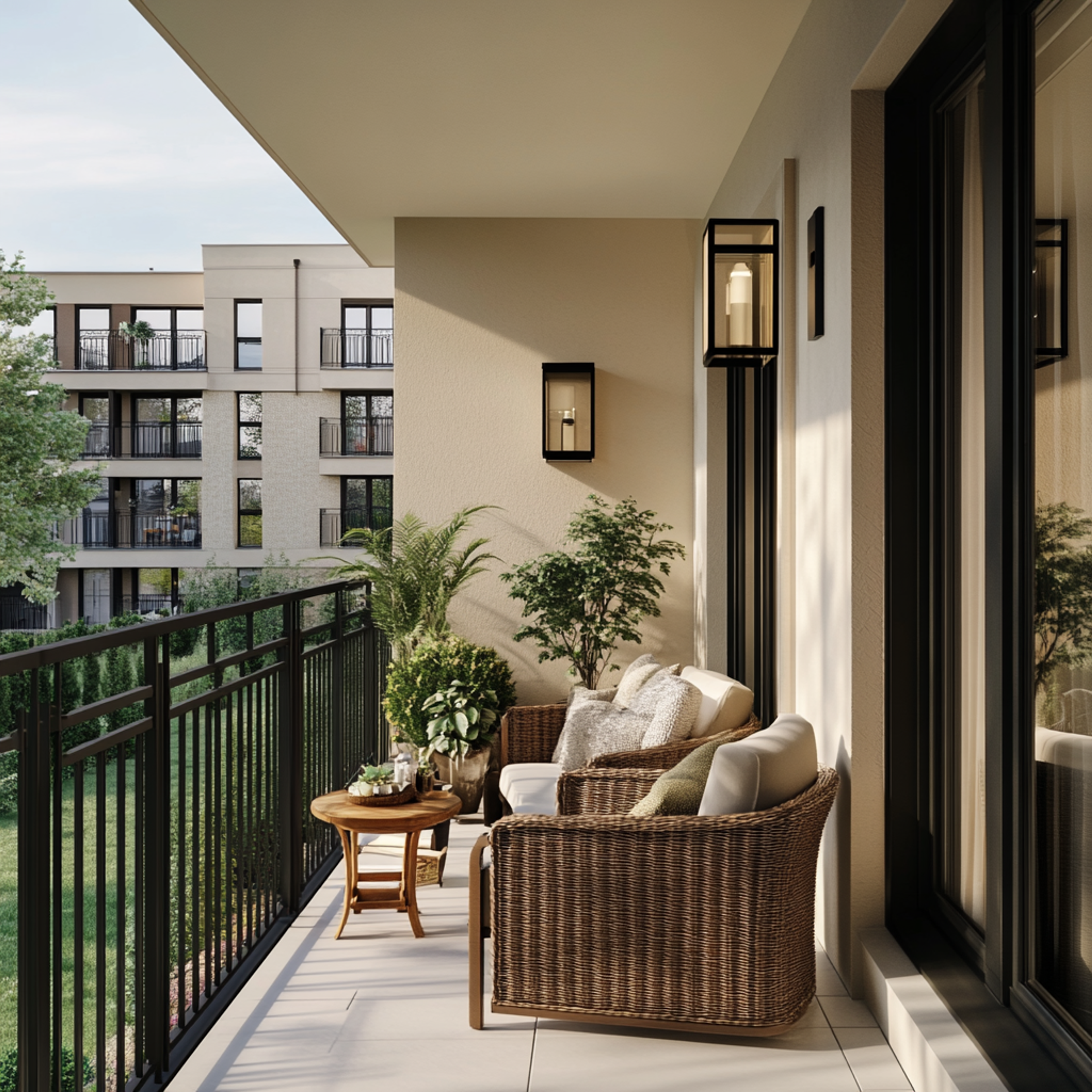 Balcony Design with Cane Sofa and Wooden Coffee Table