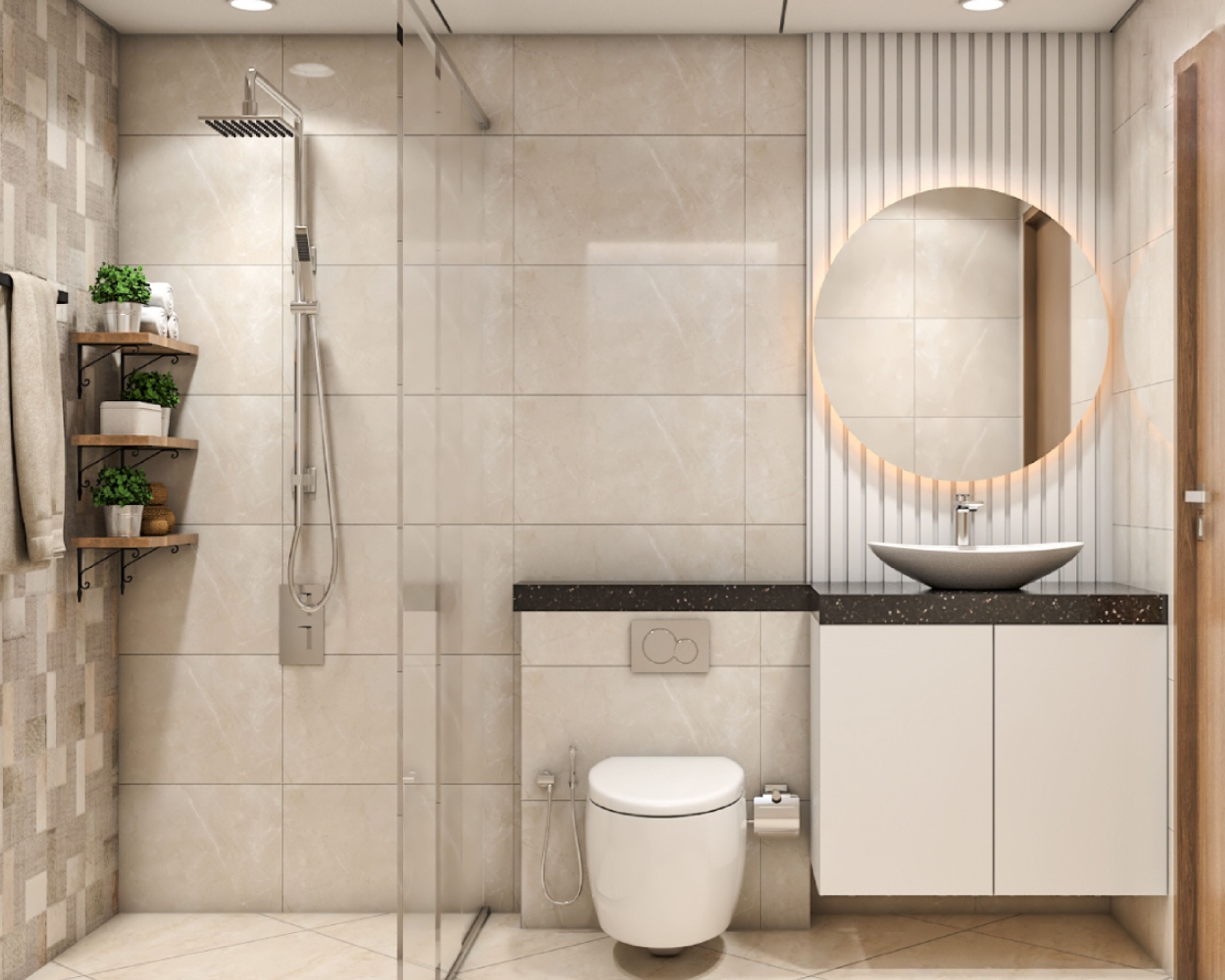 Modern Bathroom Design with Cream Tiles and Round Mirror with Backlight