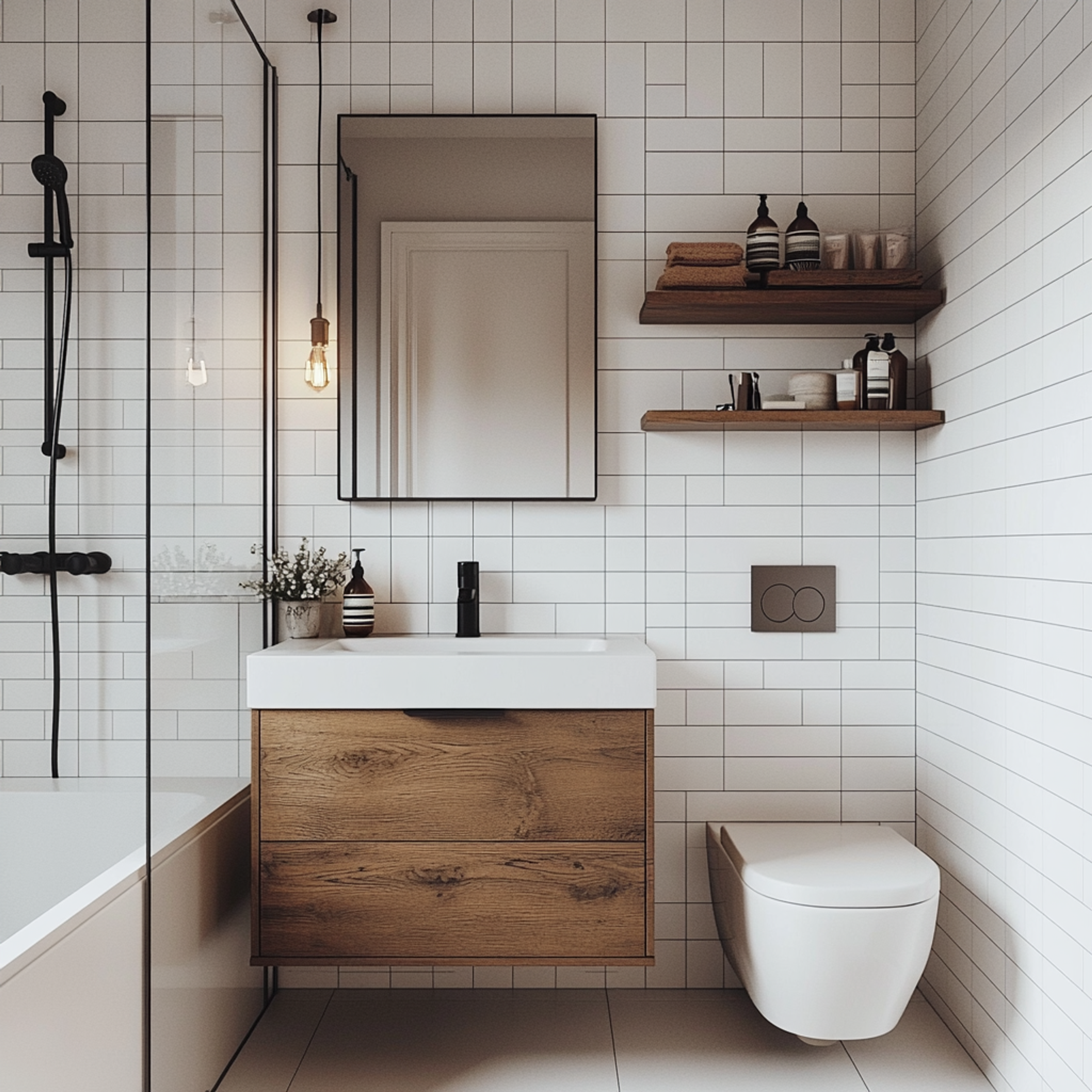 Minimal Bathroom Design with White Tiles and Glass Partition
