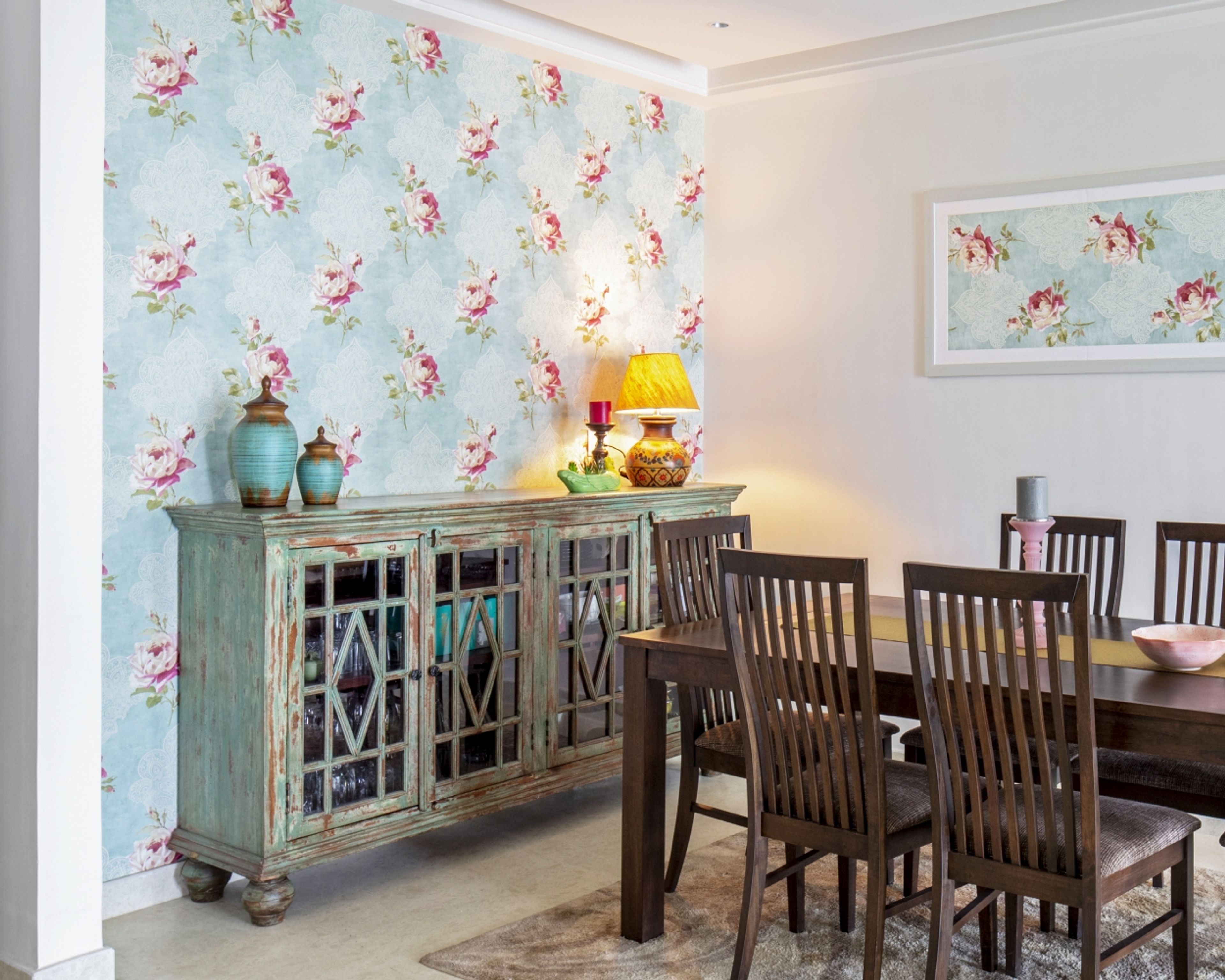 Teal Blue Crockery Unit Design with Glass Display