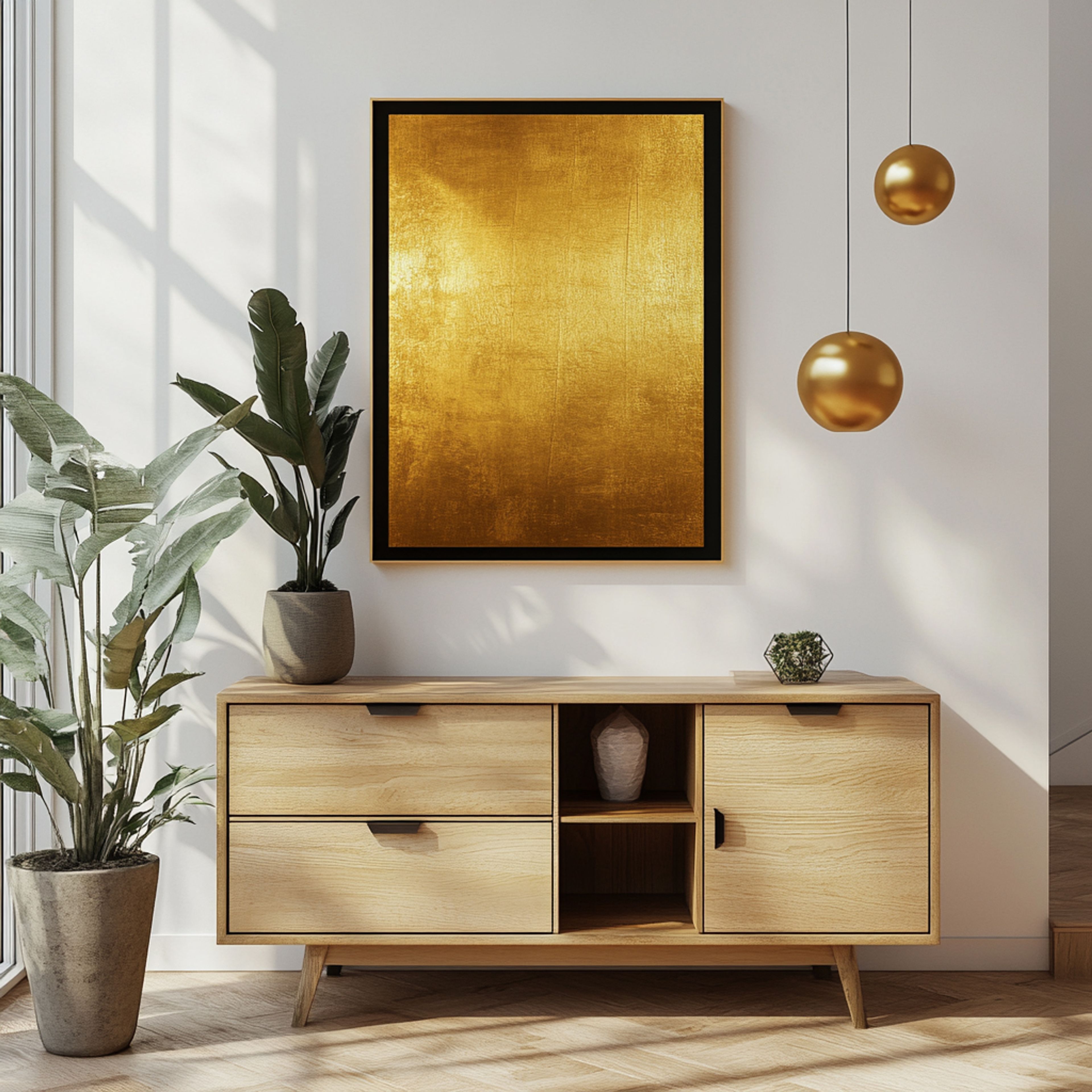 Mid-Century Modern Foyer Design with Abstract Artwork and Shoe Storage