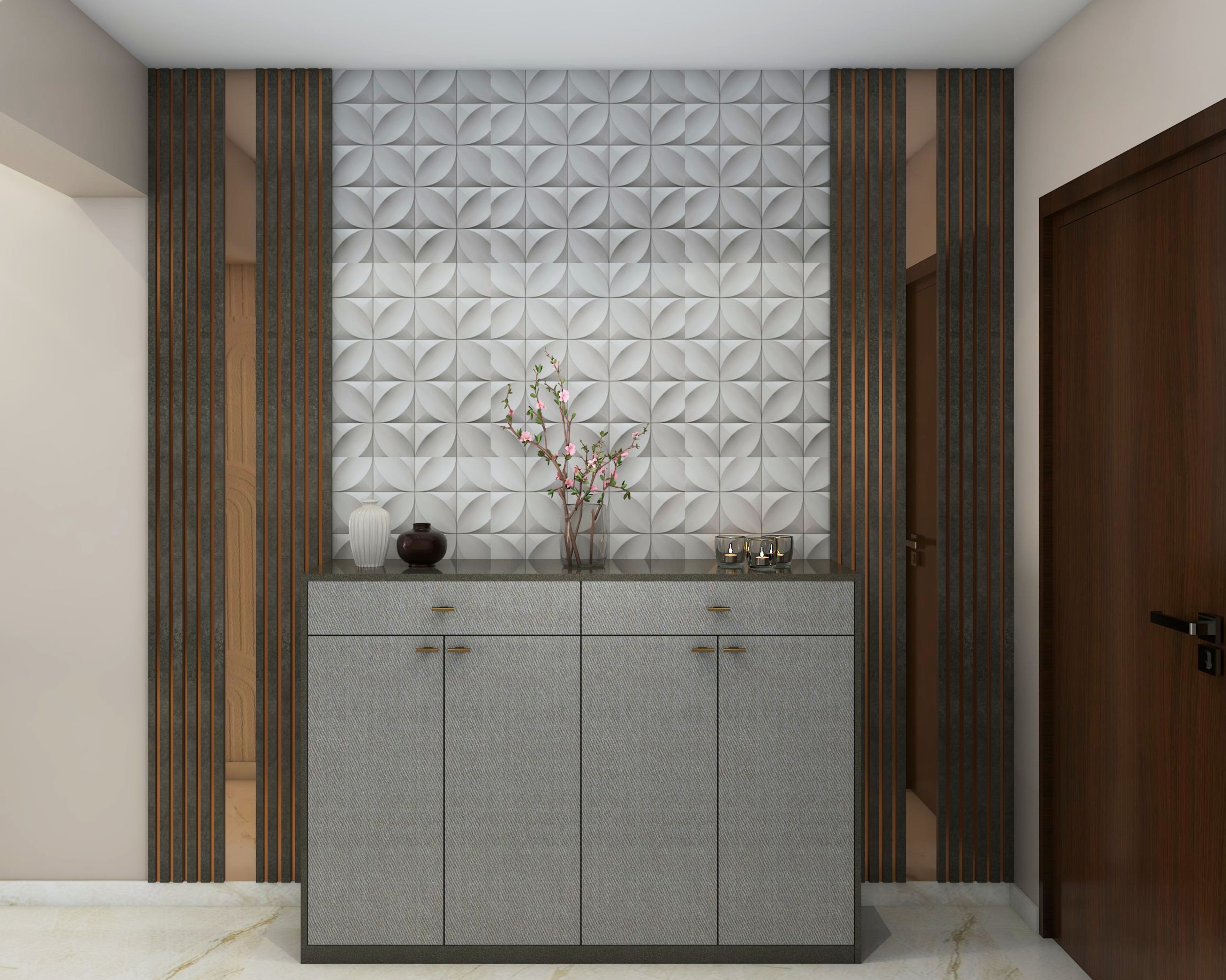 Modern Foyer Design with Fluted Panels and Textured Wallpaper