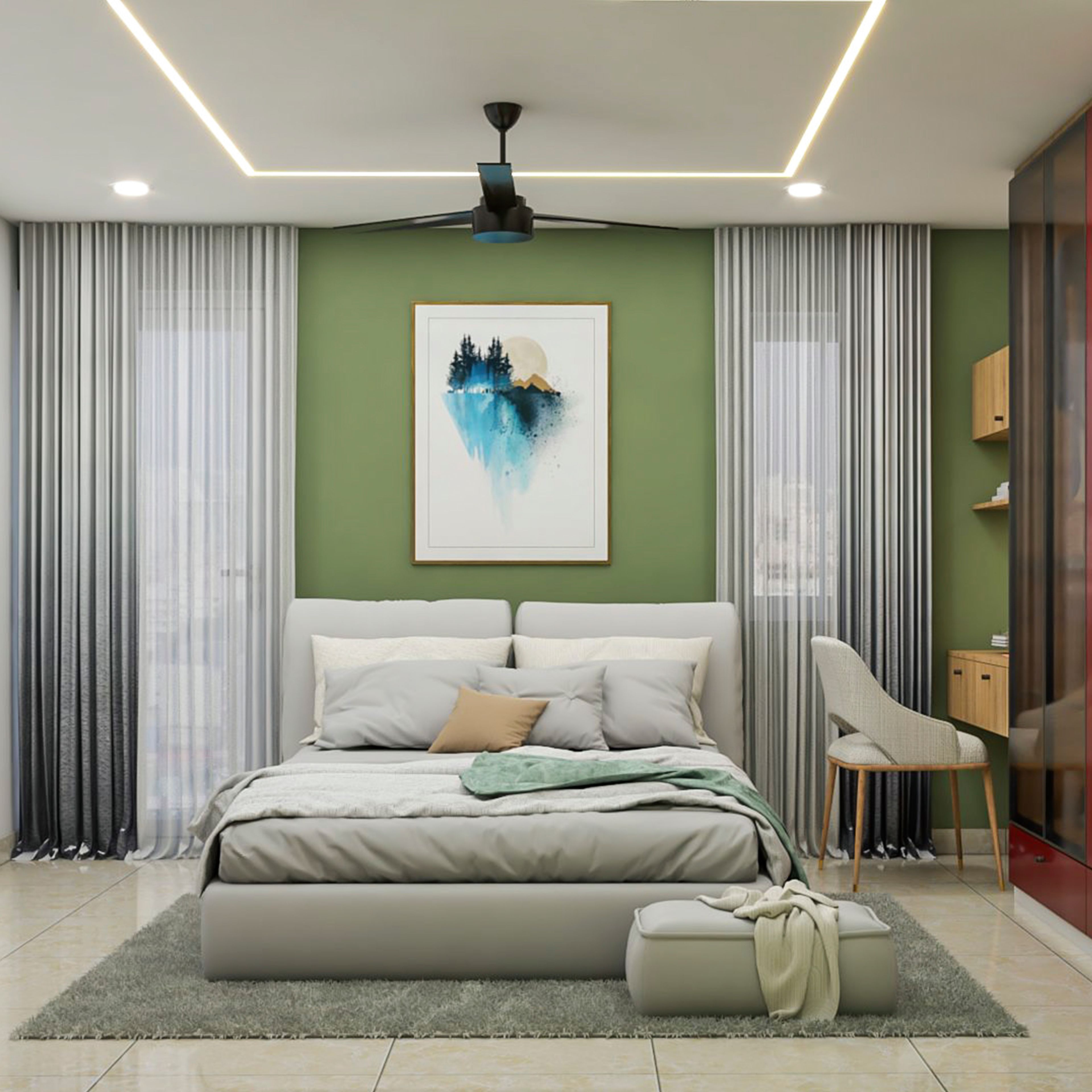 Minimal Guest Bedroom Design with Green Accent Wall