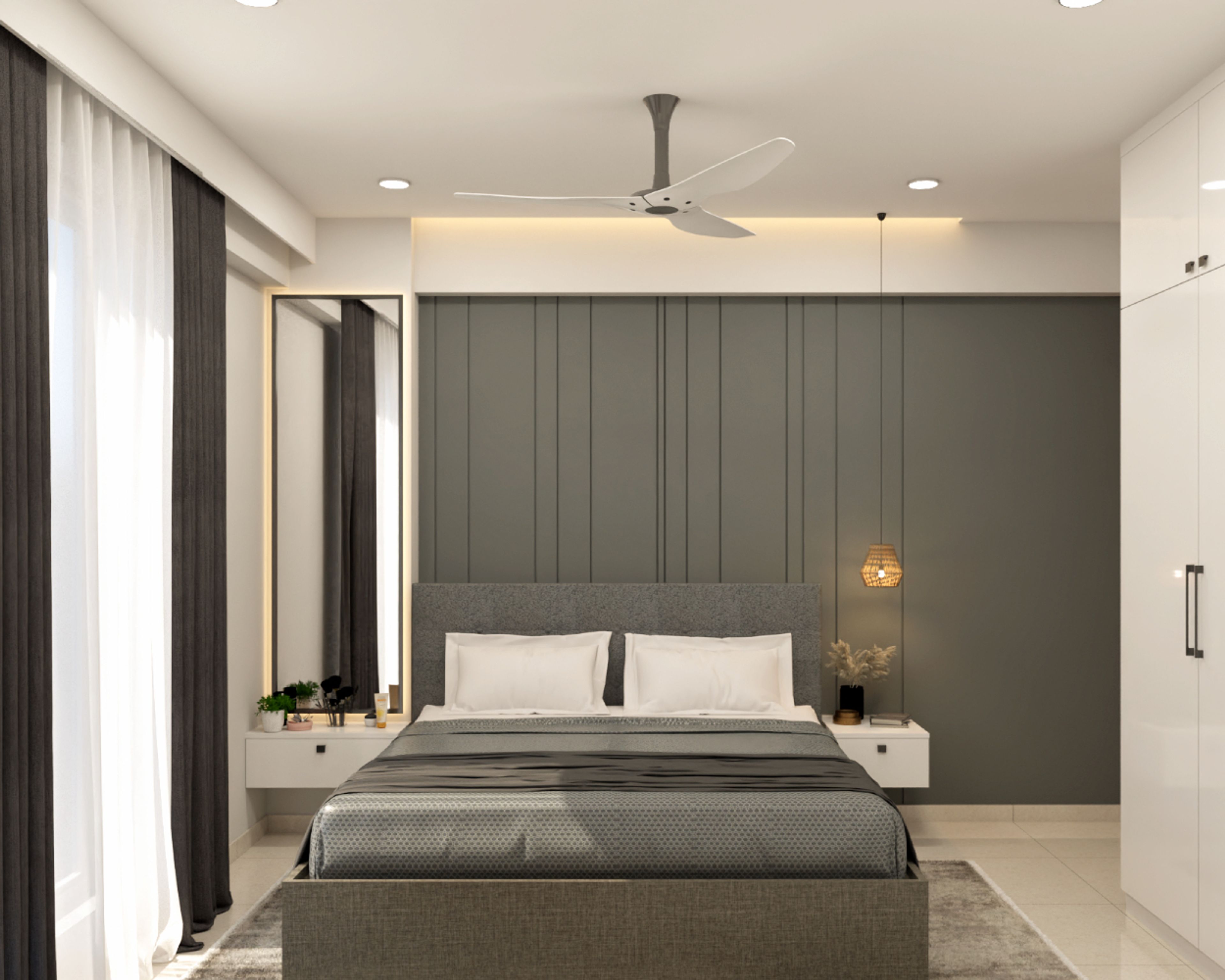 Modern Guest Bedroom Design with Grey Bed and Dark Grey Wall Panels