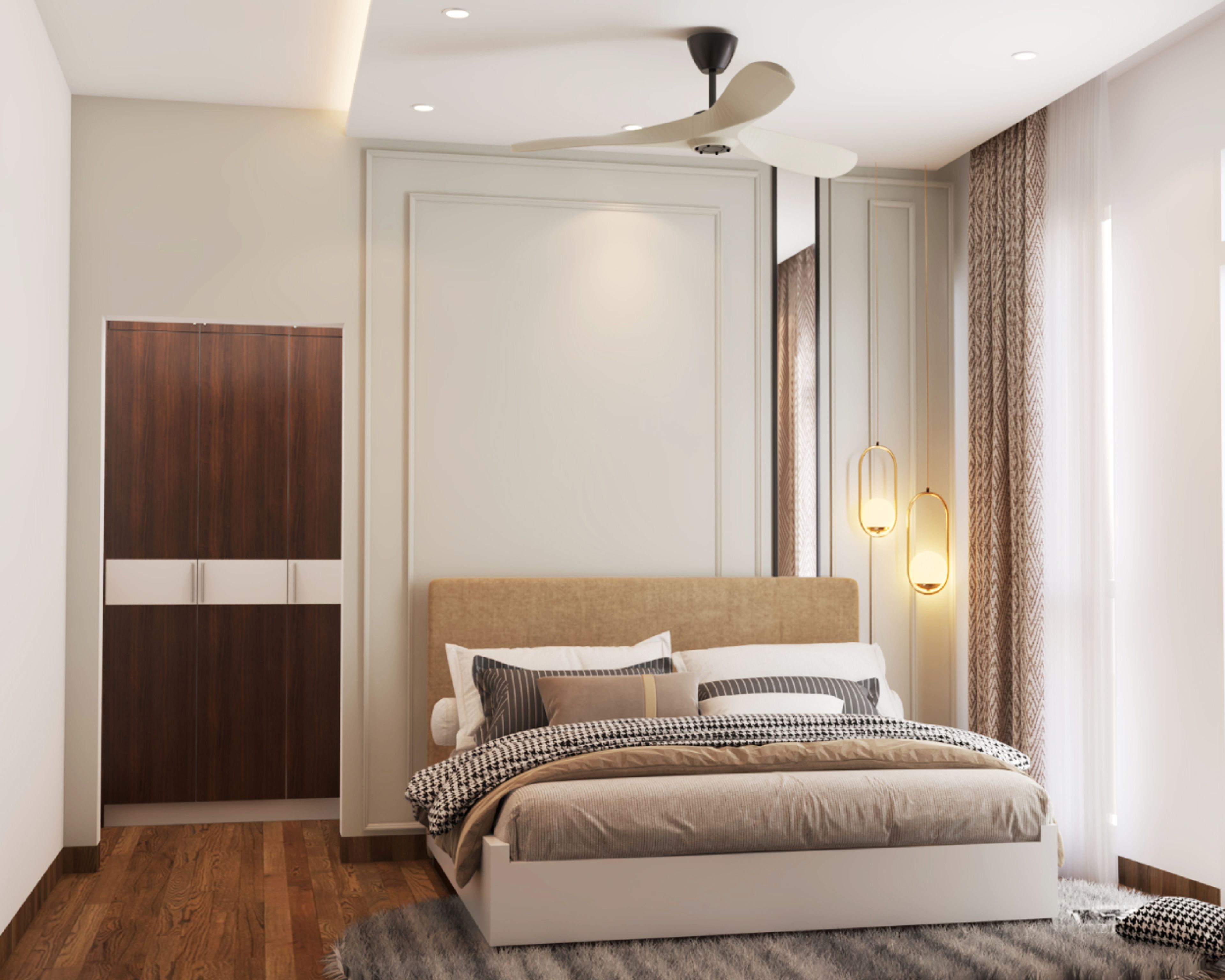 Modern Guest Bedroom Design with Queen Bed, Grey Wall and Wardrobe