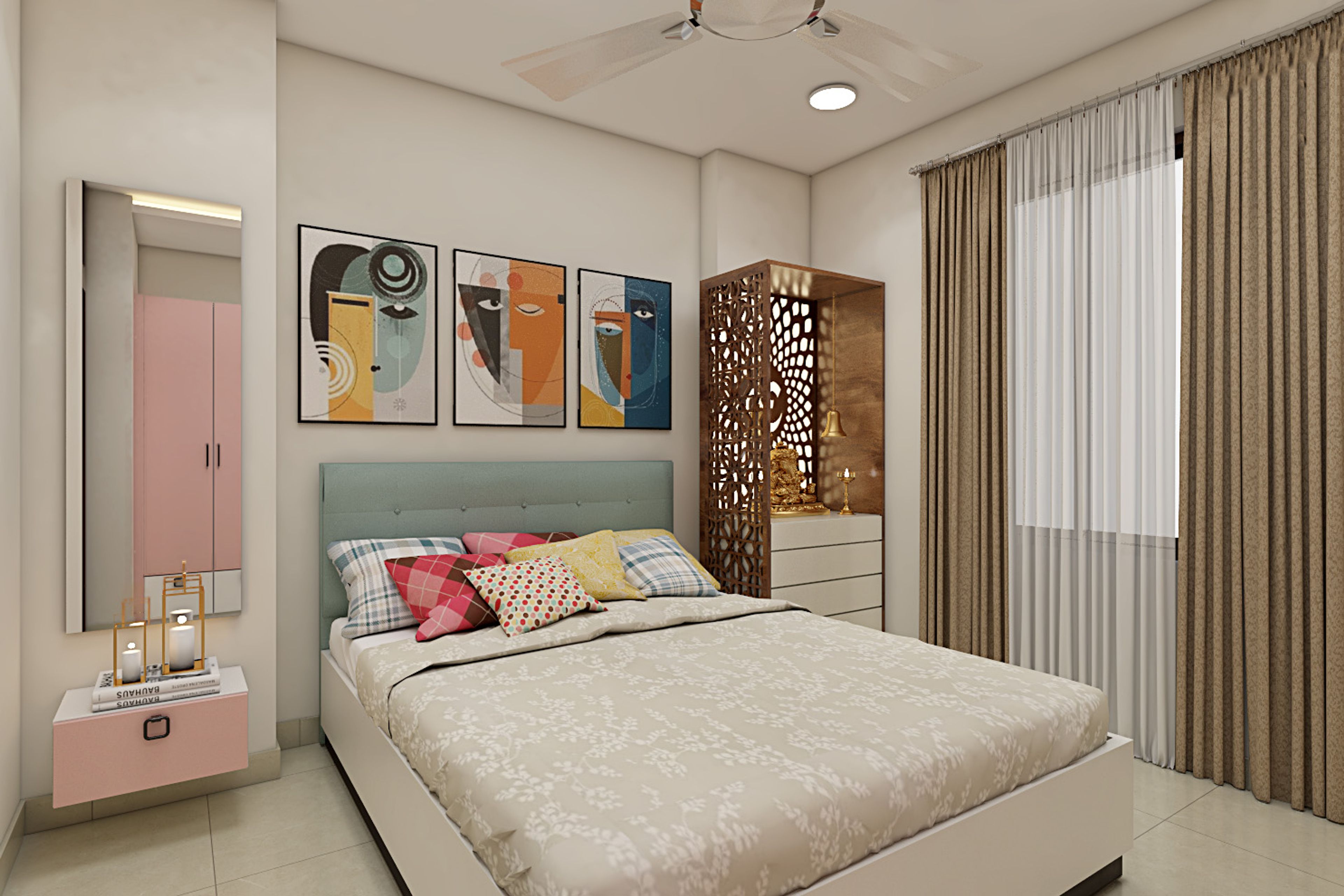 Modern Guest Bedroom Design with Queen Bed and Pink Wardrobe
