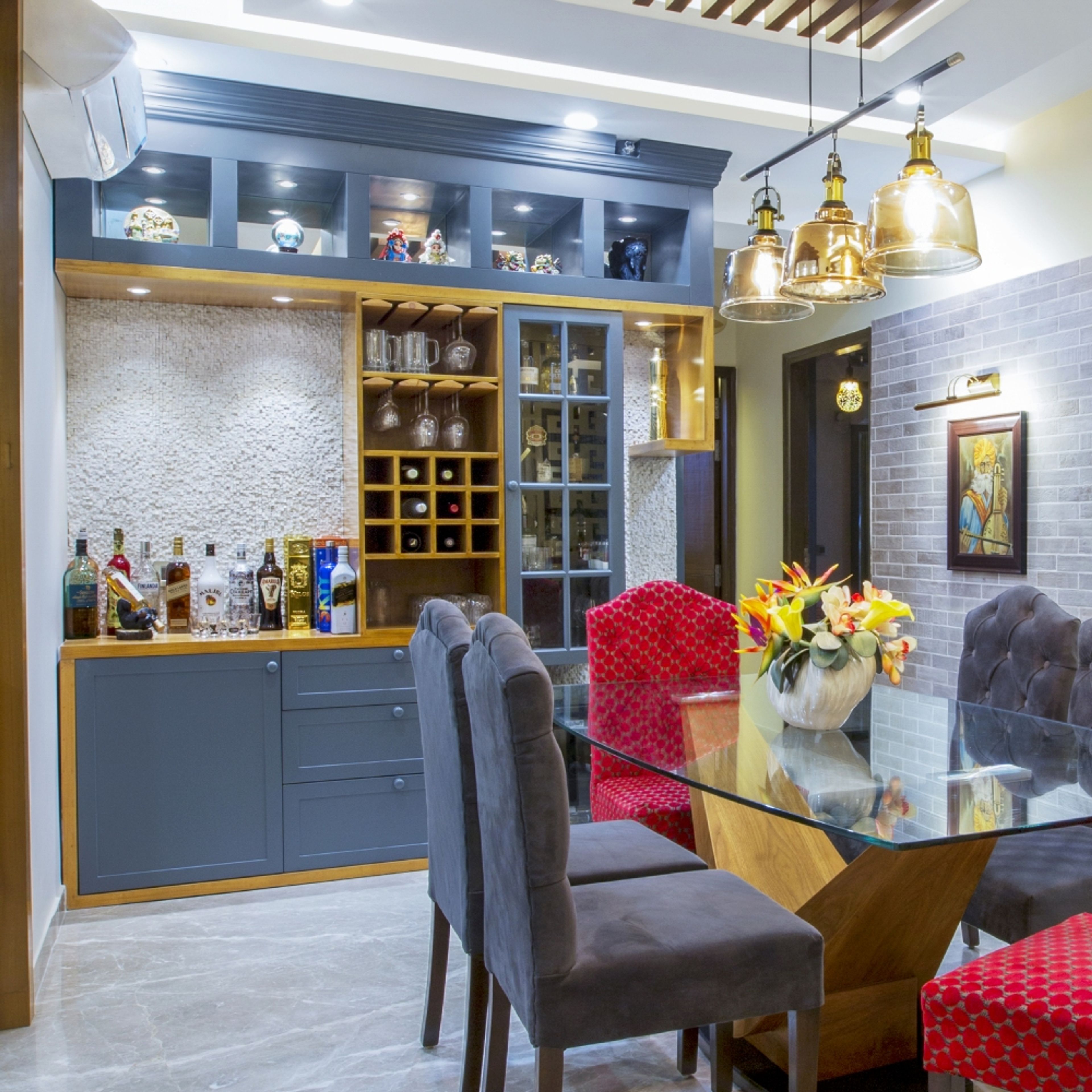 Home Bar Design with Dark Blue Wall Unit