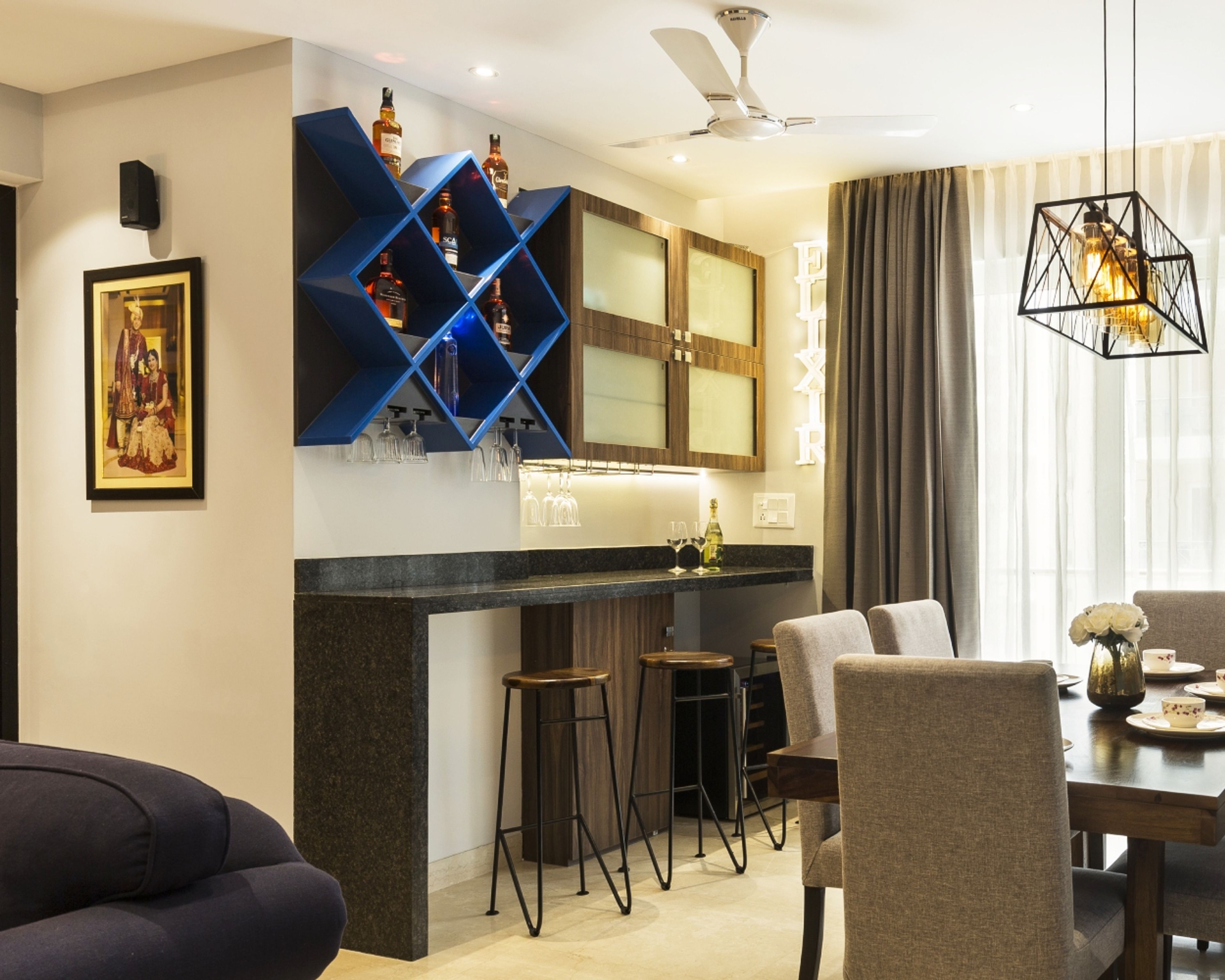 Home Bar Design with Blue and Acacia Finish