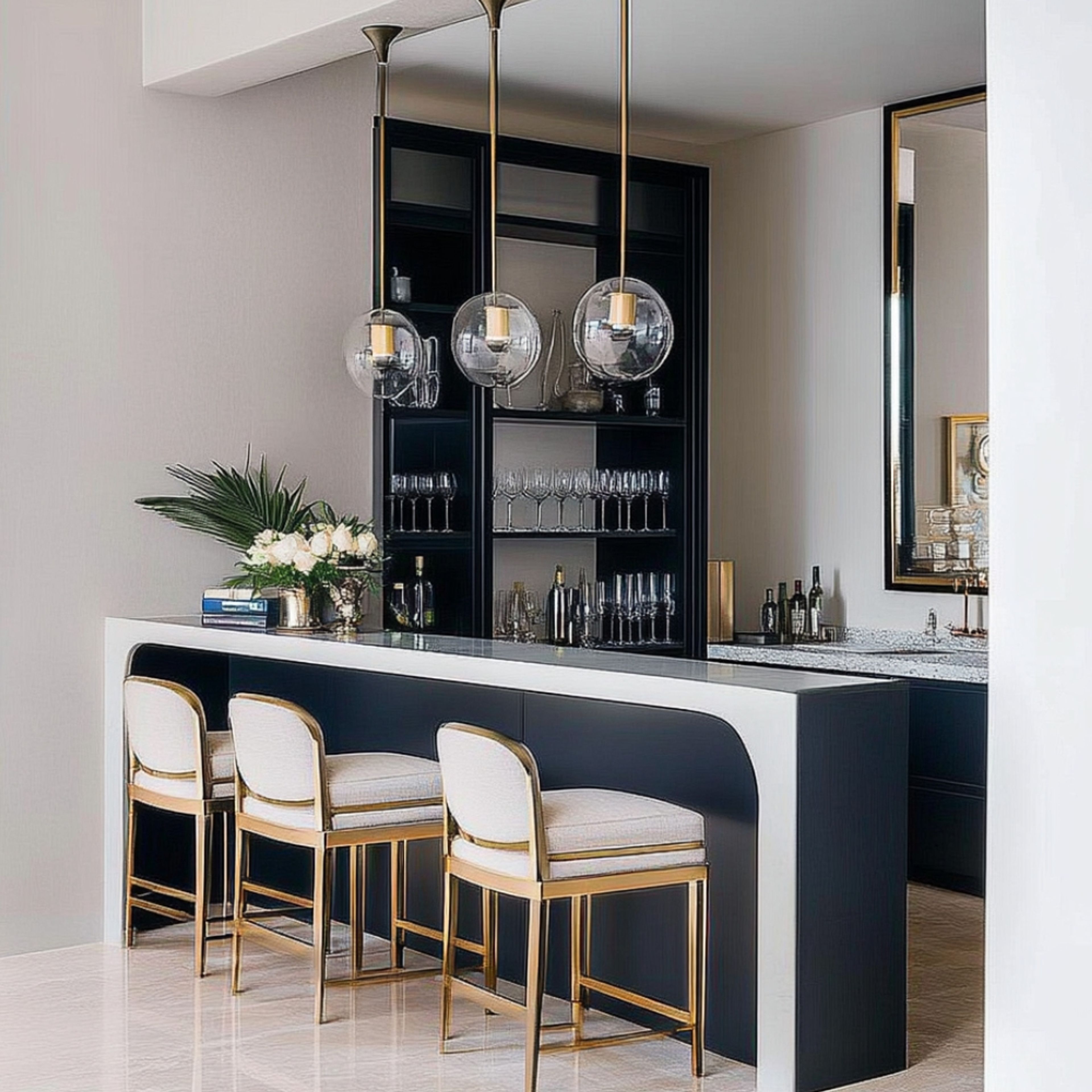 Sleek Contemporary Home Bar Design in Slate with Open Shelves