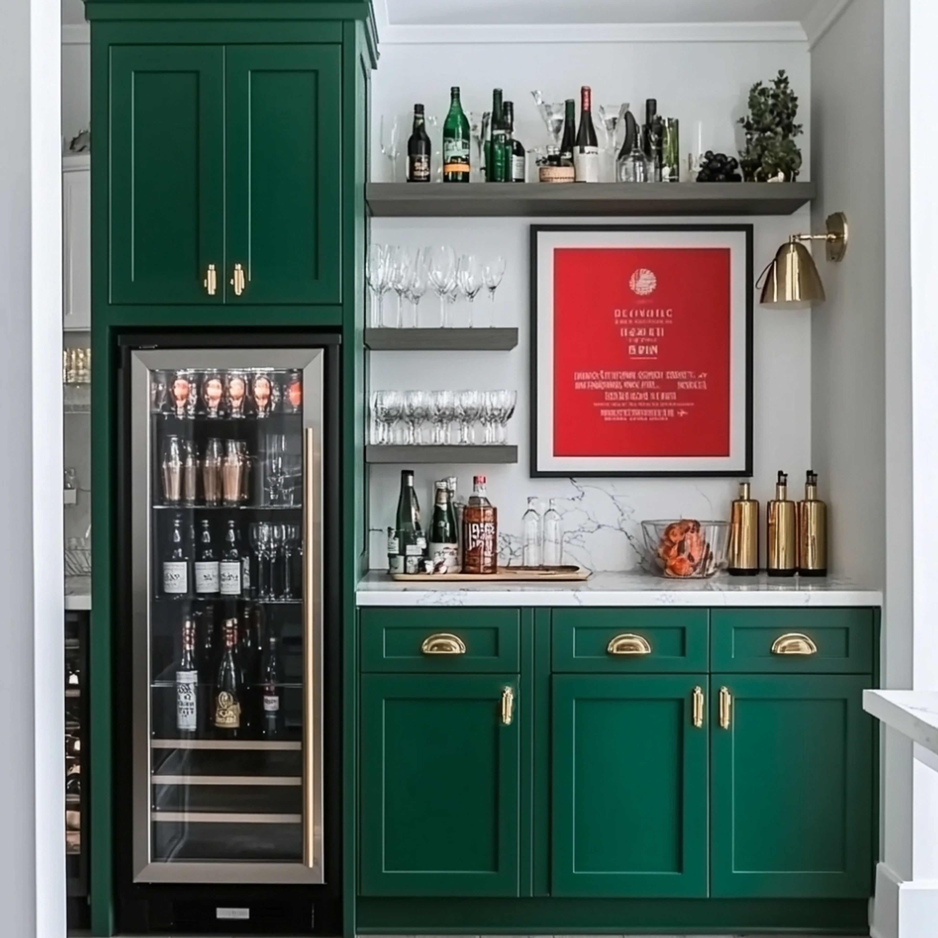 Classic Home Bar Design with Glass-Front Fridge and Open Shelves