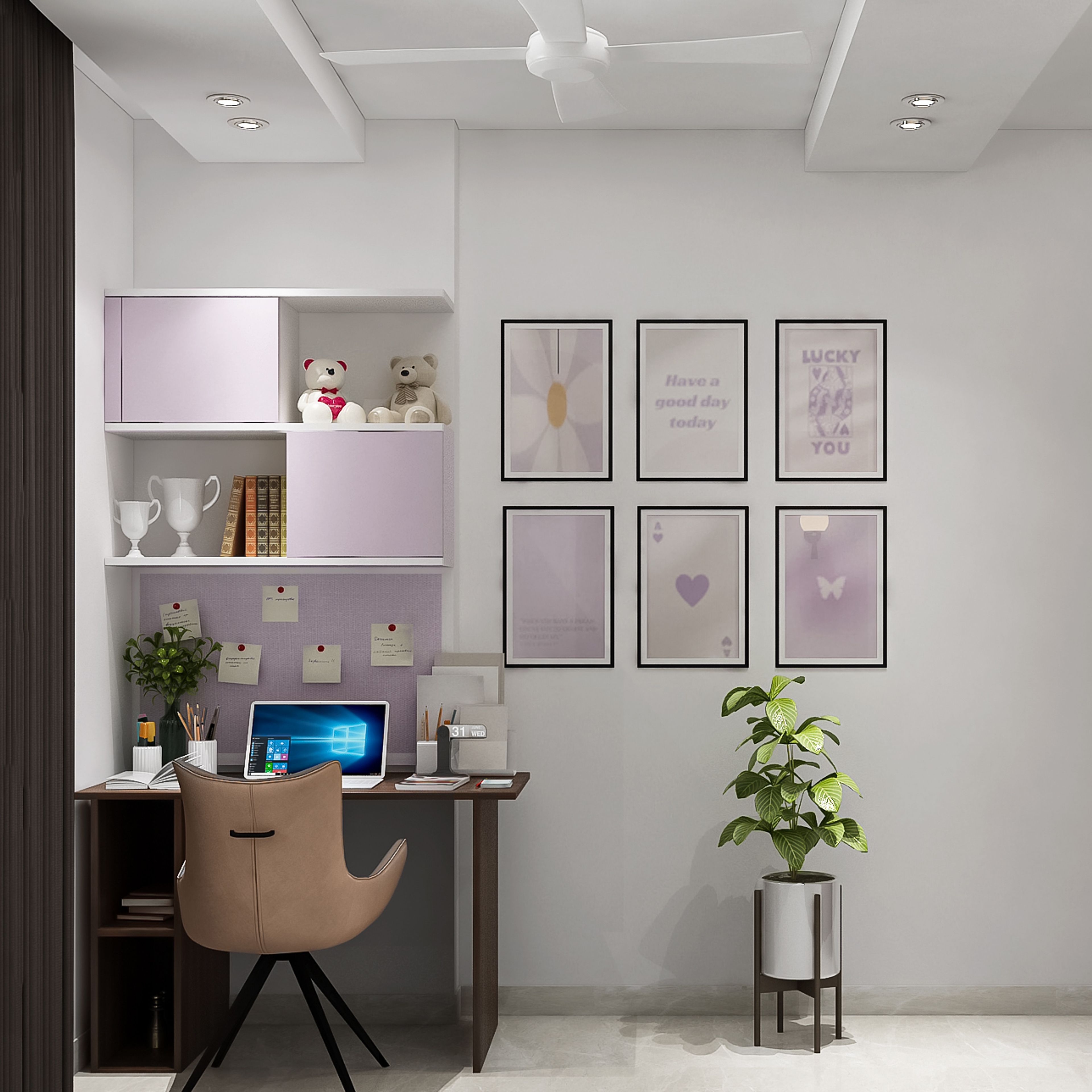 Modern Home Office Design with Brazilian Walnut and Lavender Storage