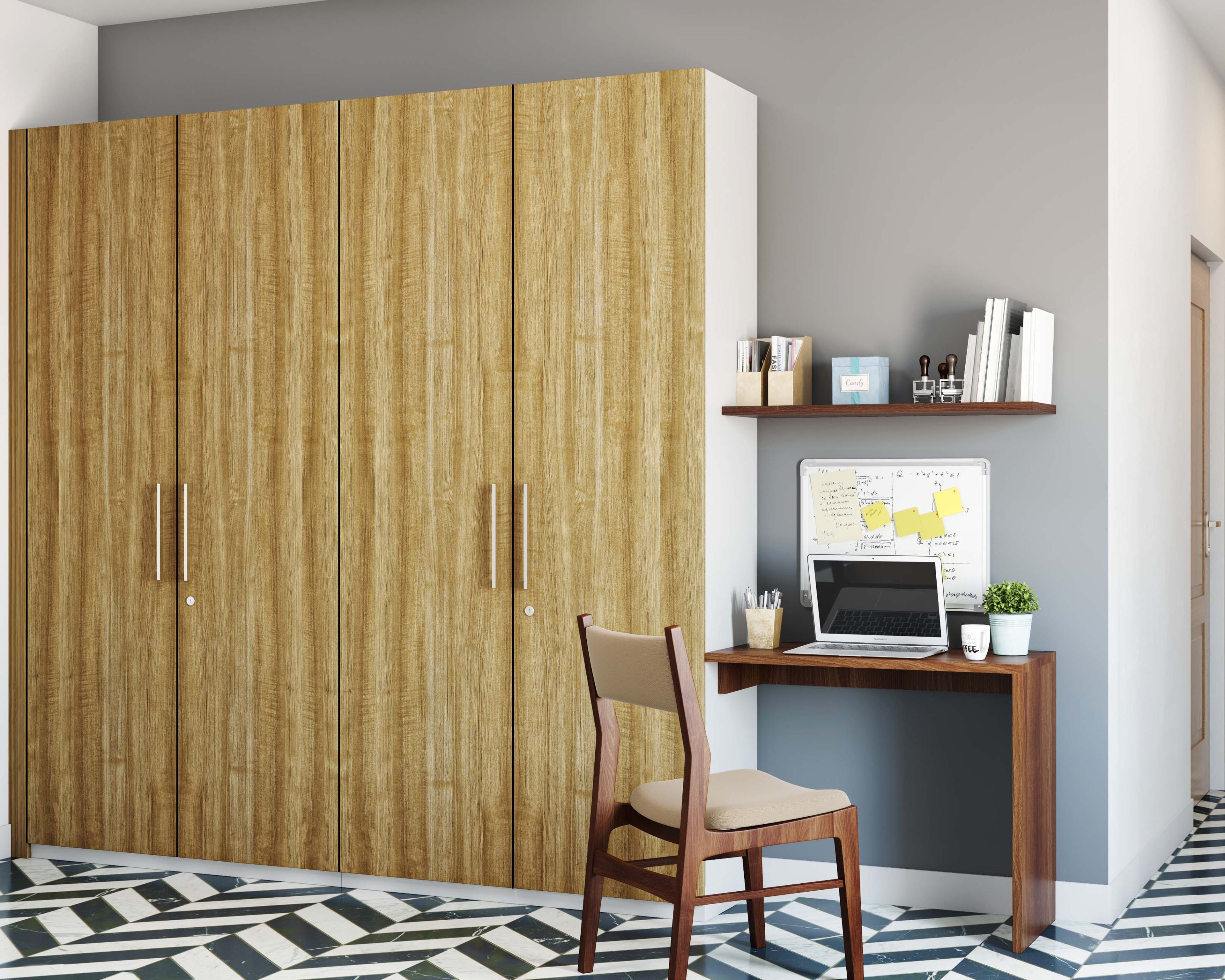 Mid-Century Modern Walnut Home Office Design with Wooden Chair