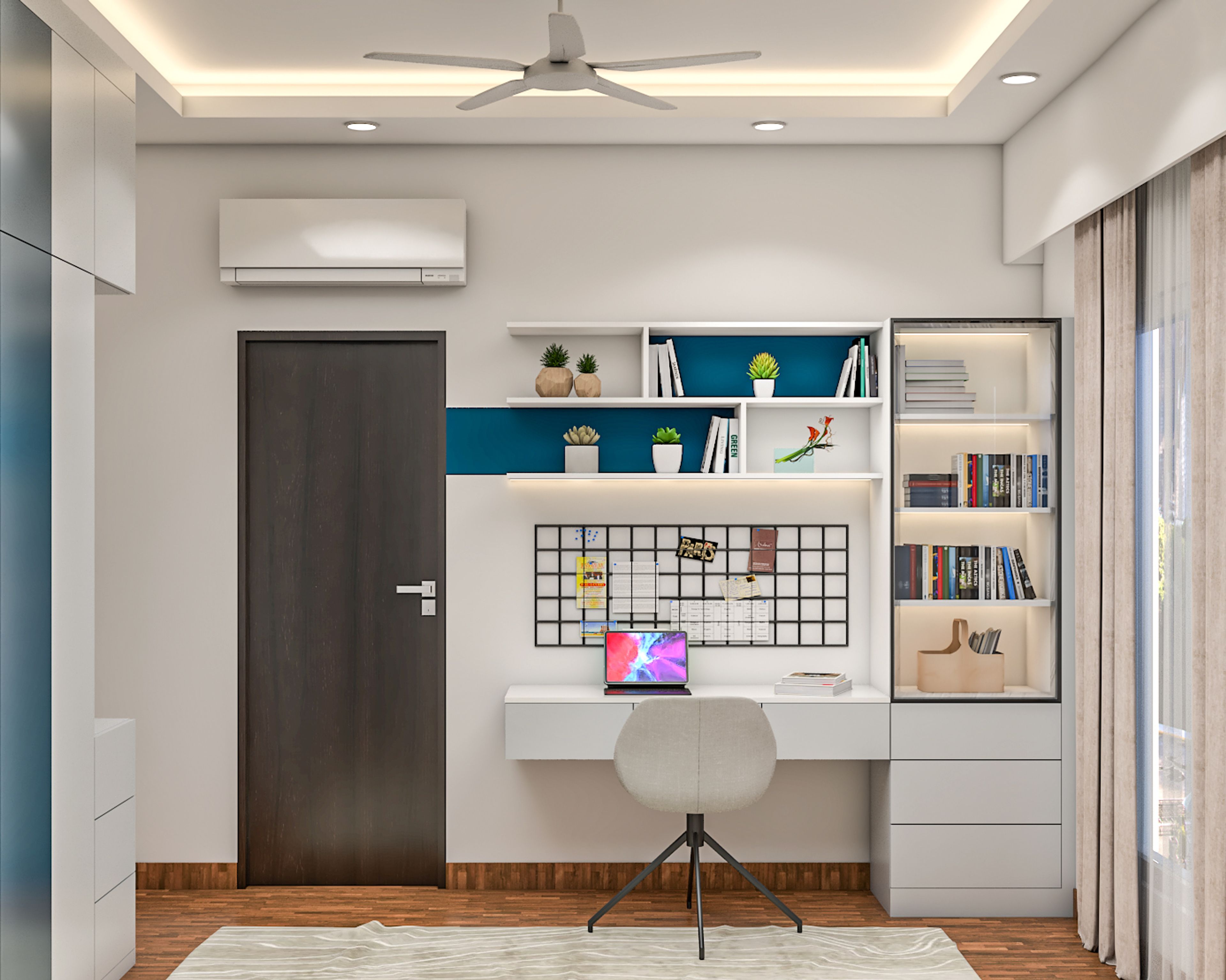 Modern Home Office Design White Desk and Grey Chair