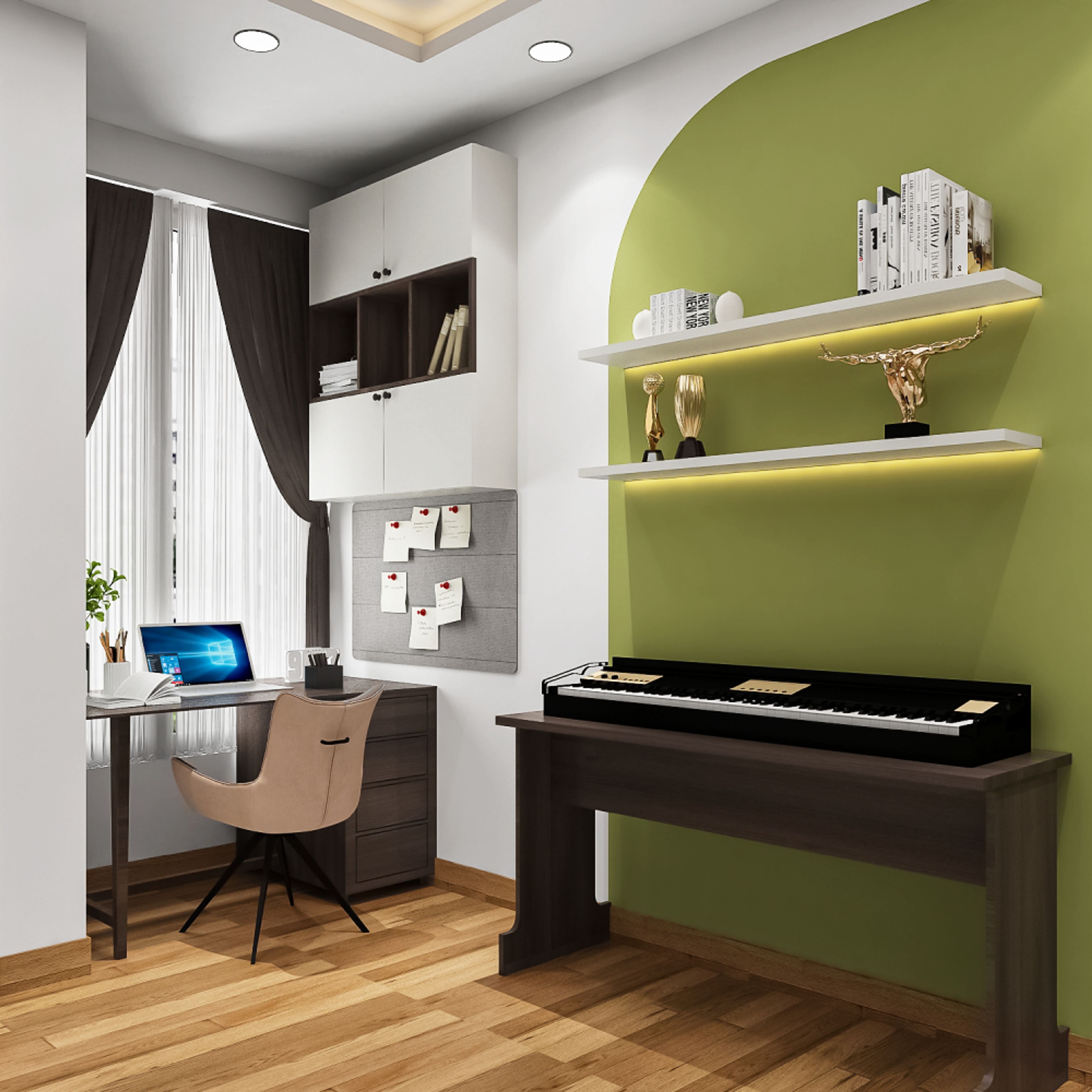 Modern Home Office Design with Piano Table and Overhead Shelves