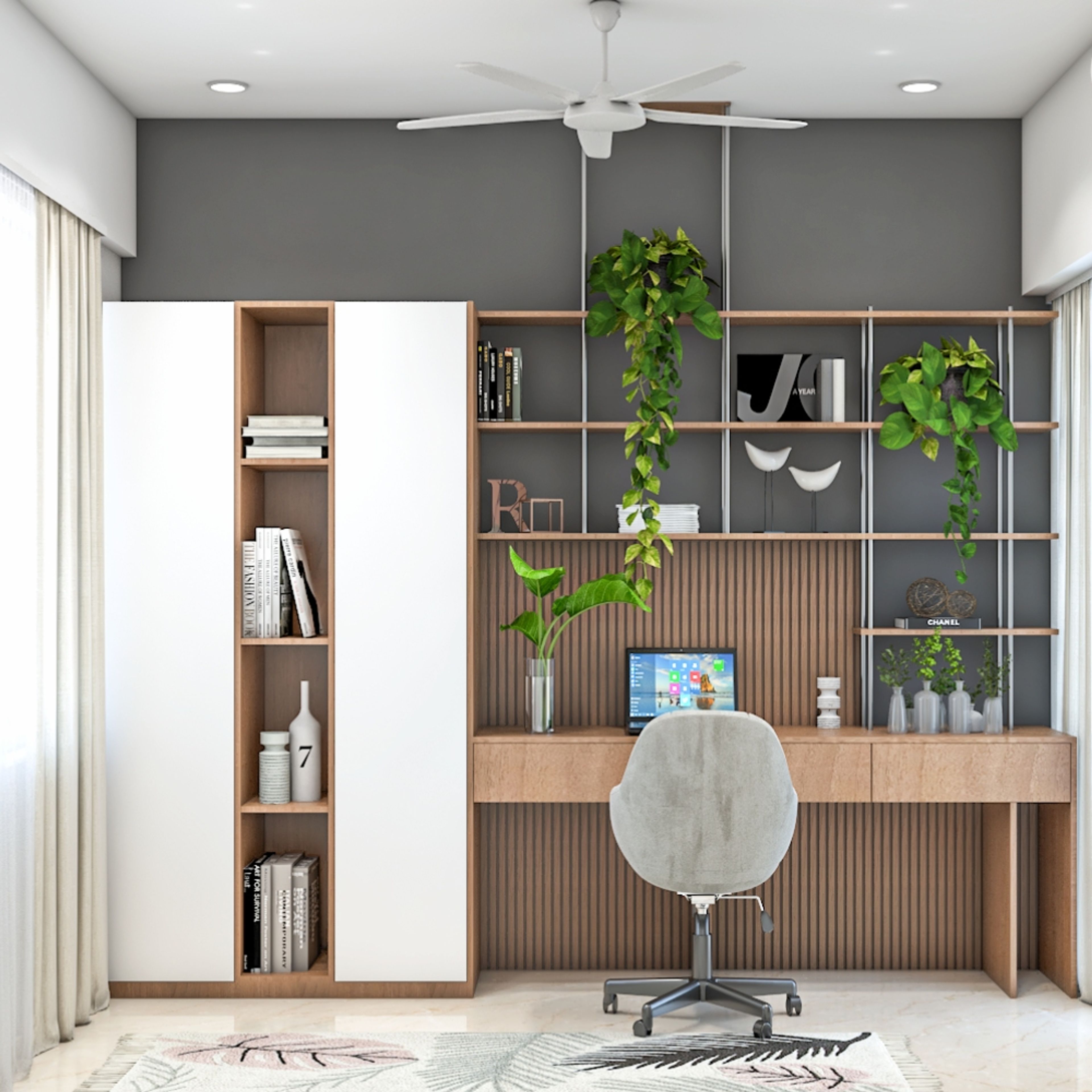 Modern Home Office Design with Fluted Wall Panel and Swivel Chair