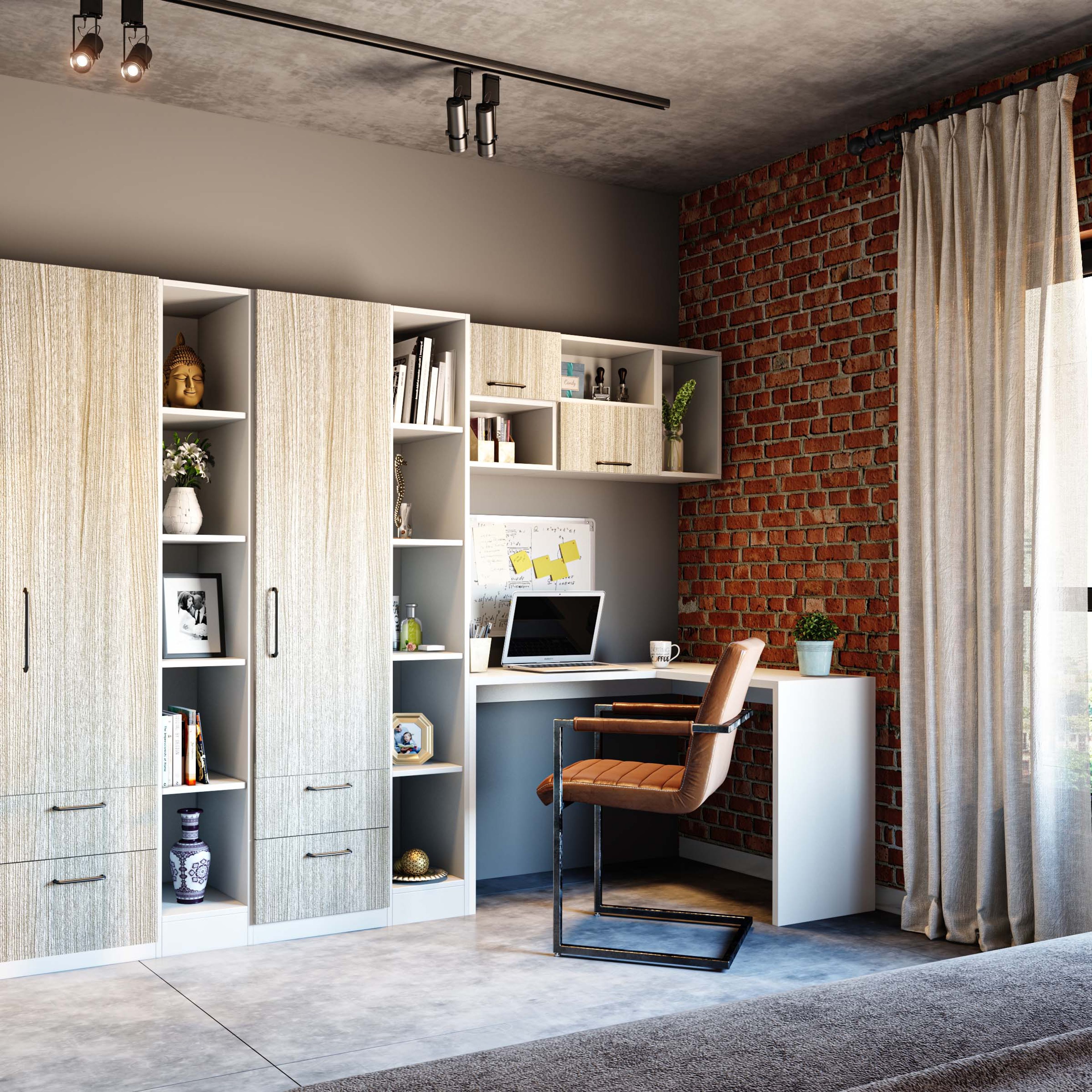 Modern Home Office Design with Corner Desk and Exposed Brick Wall