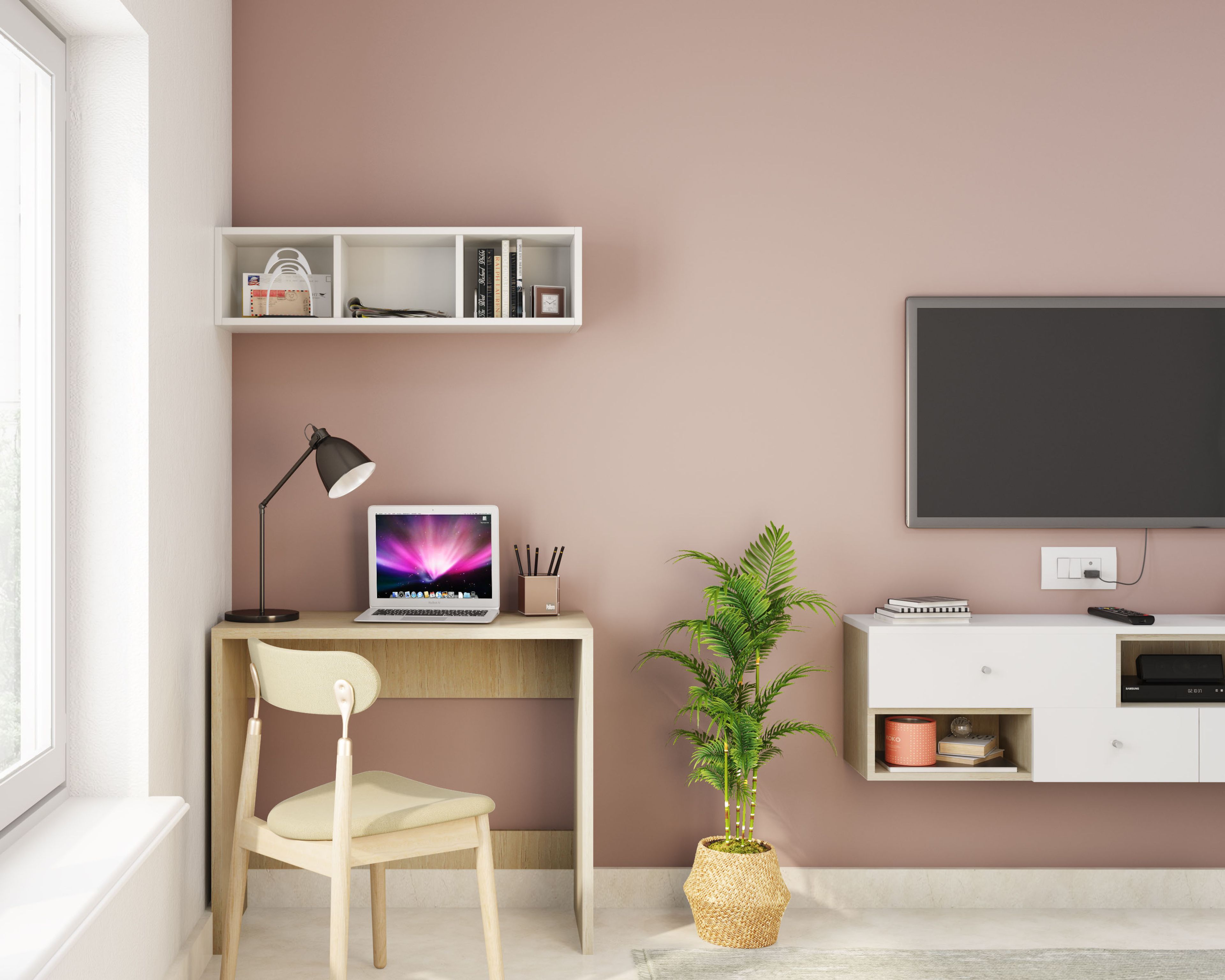 Scandinavian Home Office Design with Wooden Chair and Blush Pink Wall