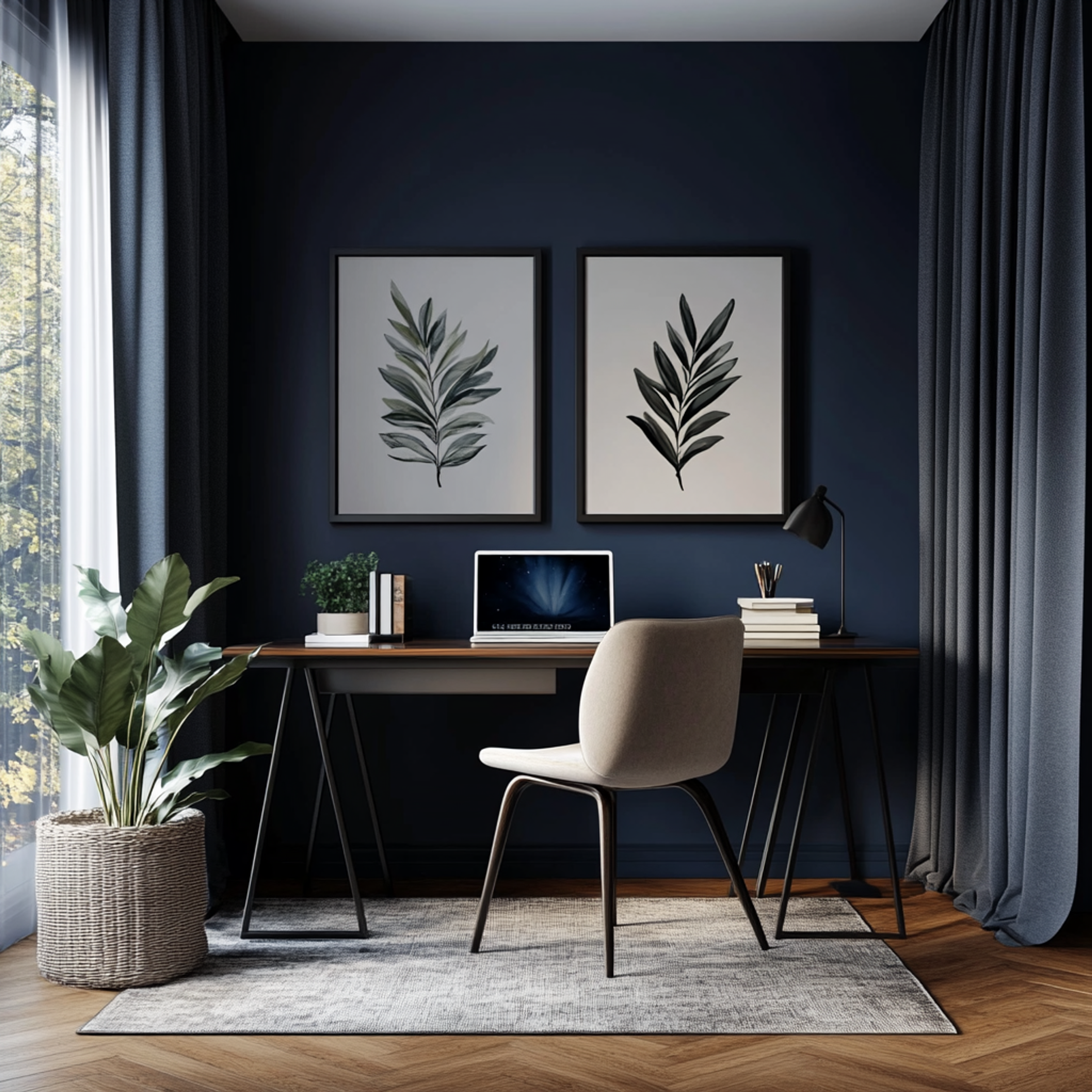 Modern Home Office Design with Teak Study Table and Blue Wall