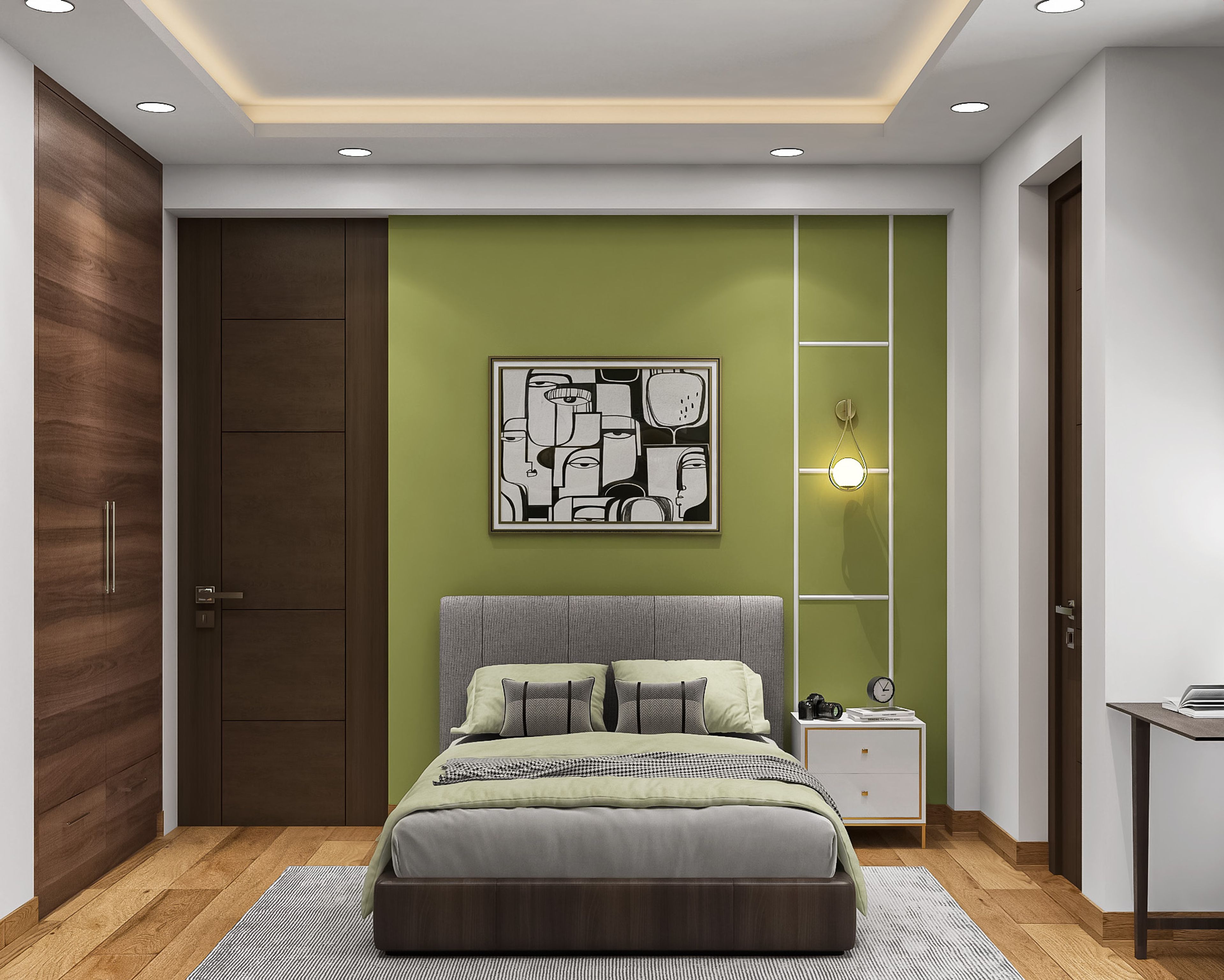 Contemporary Kids Bedroom Design with Queen Bed and Abstract Art