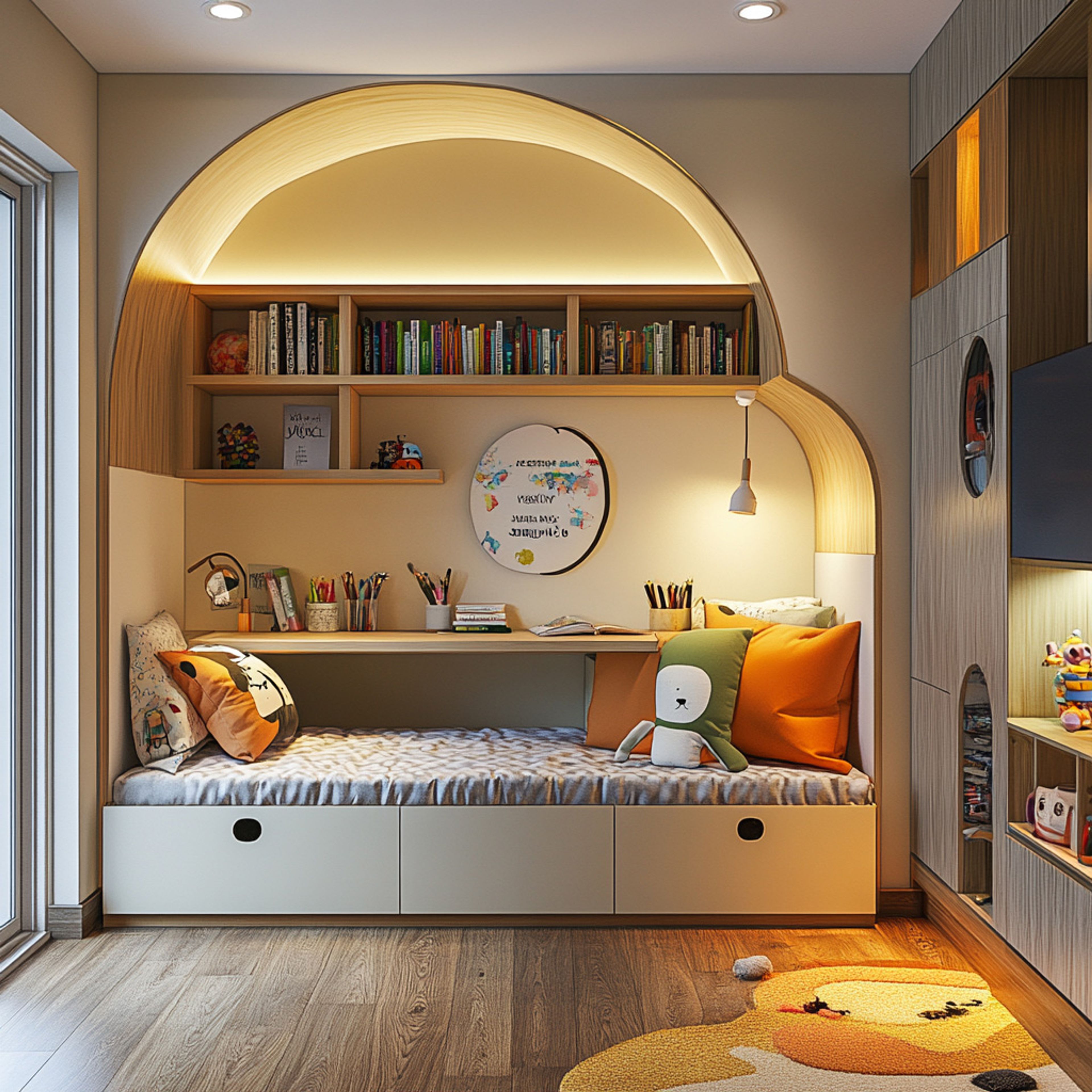 Modern Kids Bedroom Design with Arched Alcove Storage