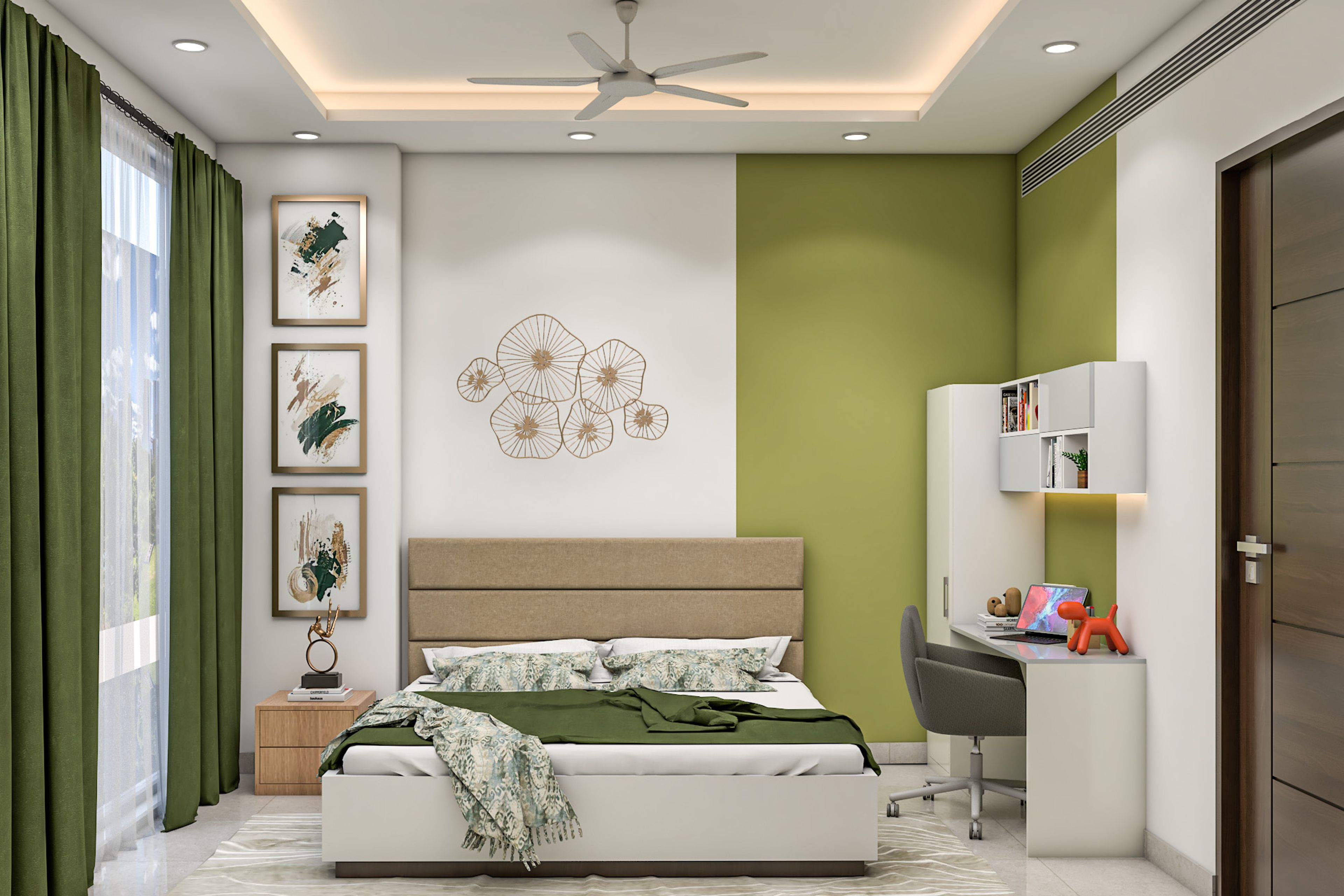 Modern Kids Bedroom Design with Queen Bed, Study Table, and Art