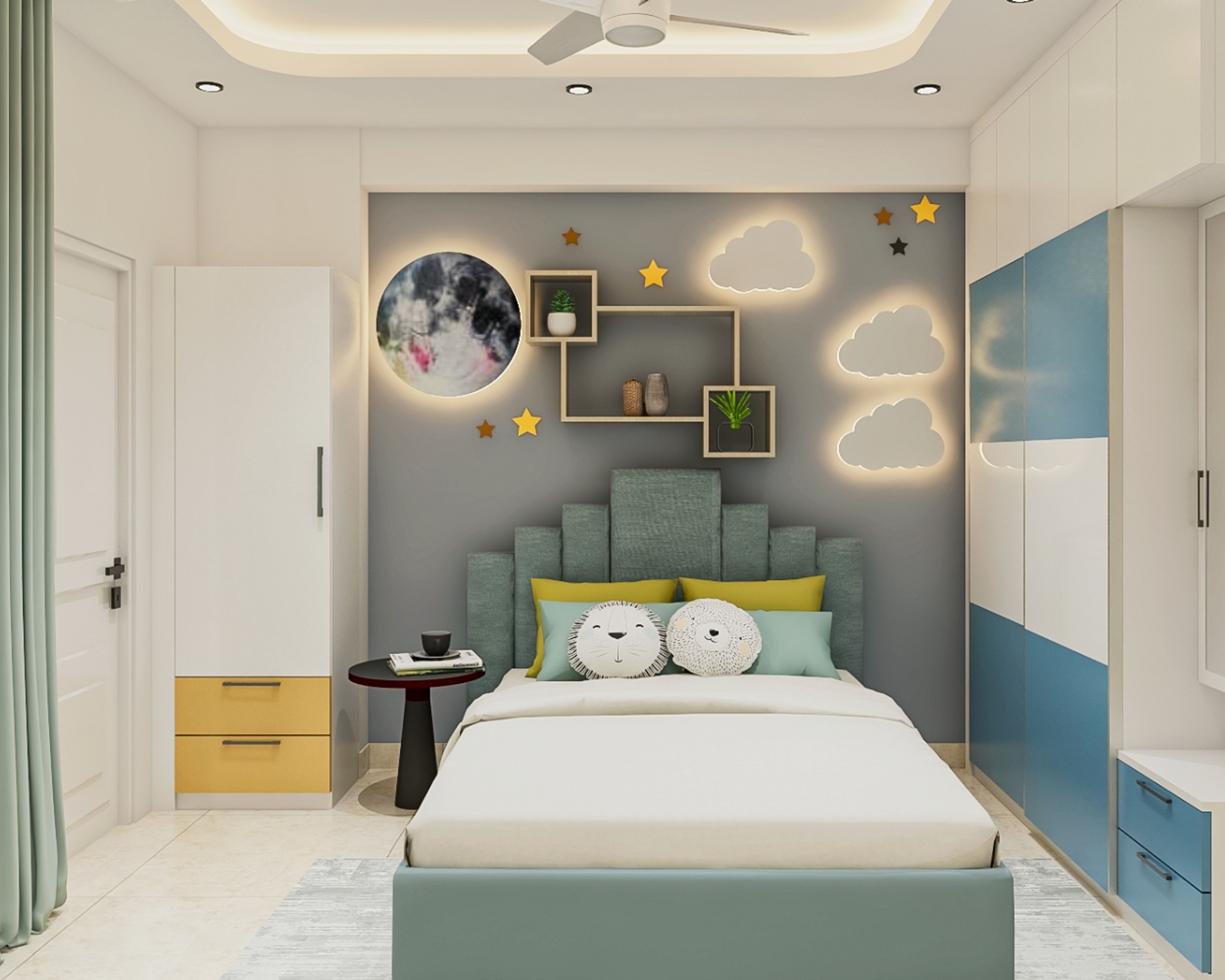 Modern Kids Bedroom Design with Teal Headboard Queen Bed