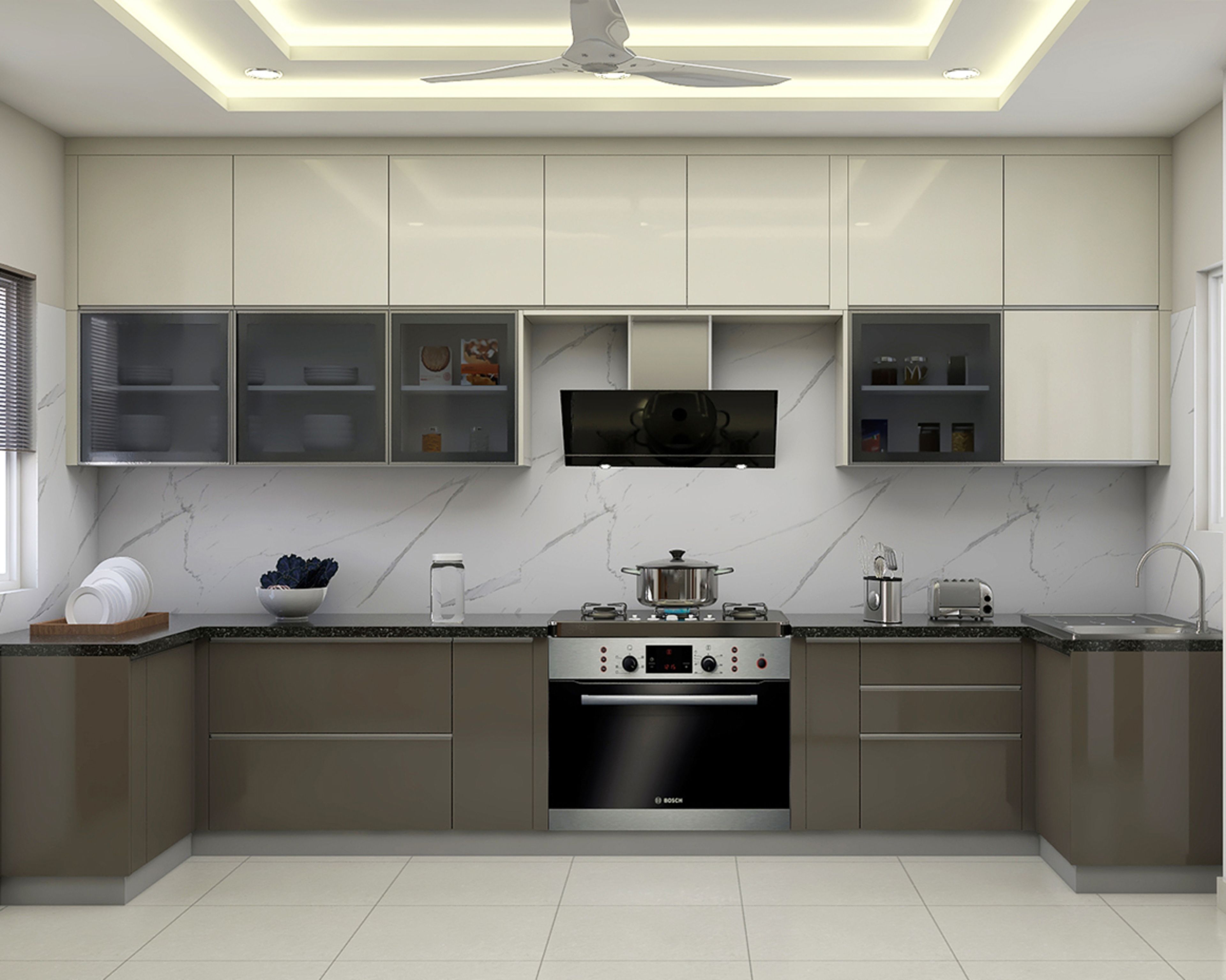 Contemporary U-Shaped Kitchen Design with Grey, Glass, and White Units